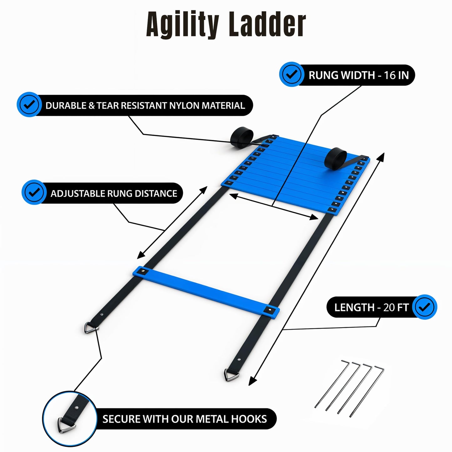 VINAFIT Complete Agility Ladder Training Set - 20ft Speed Ladder, 6 Adjustable Hurdles, 20 Cones, 5 Resistance Bands, 2 Speed Training Parachutes, Jump Rope, Nylon Carry Bag & Stakes