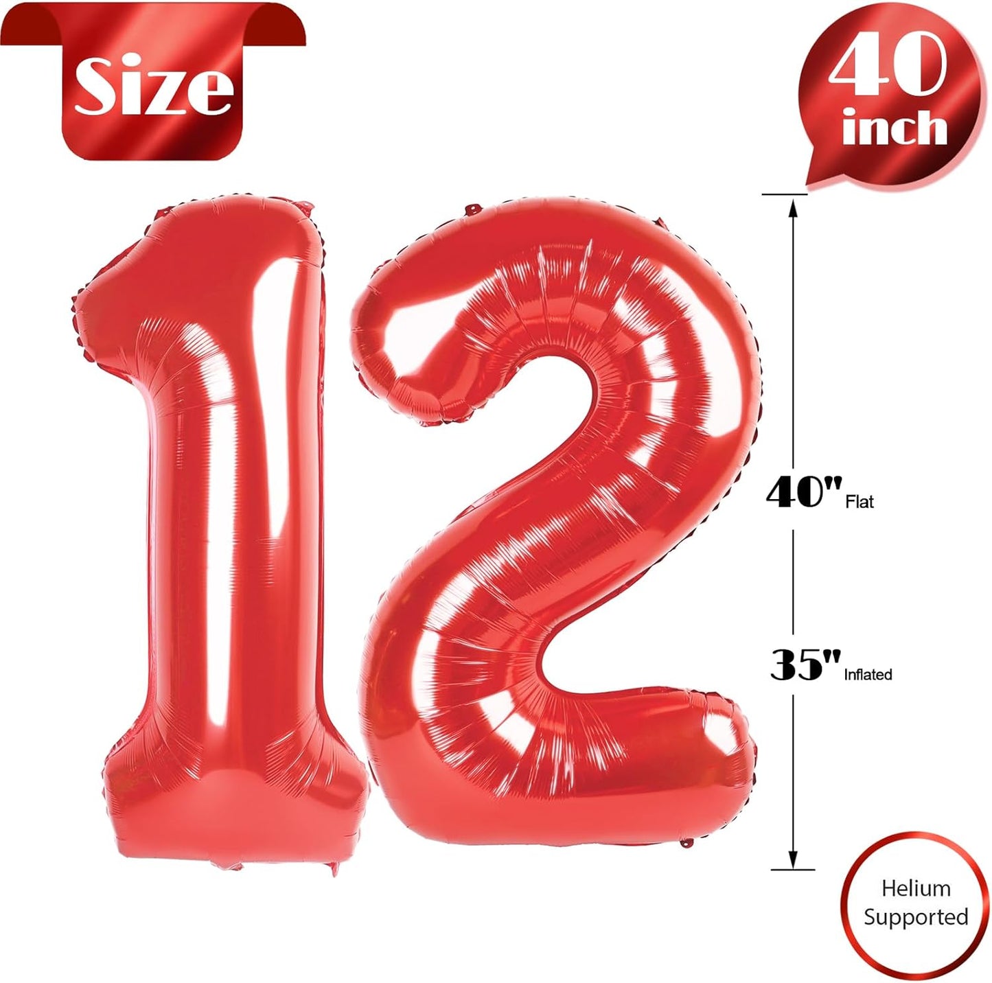 Red Number 12 Balloon - 40 Inch 12th Birthday Decoration for Boys & Girls Party Supplies