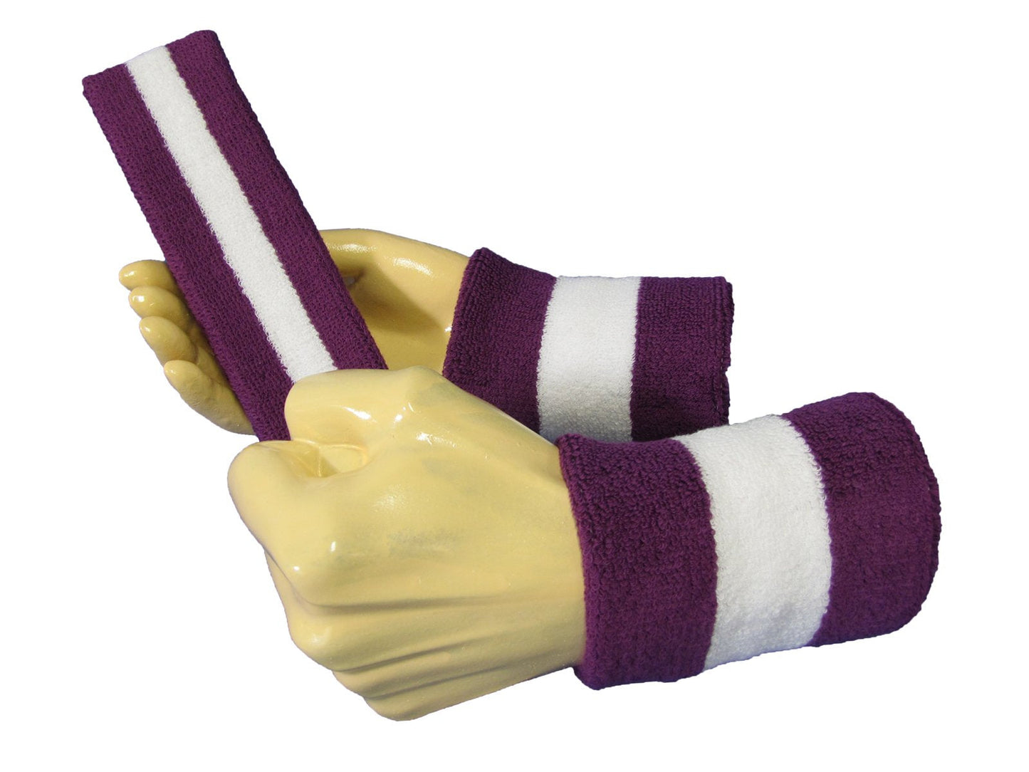 COUVER Sweatband Set (3-Pack) - Cotton Terry Cloth Sports Headband & Wristbands - Moisture Wicking for Basketball, Tennis & Fan Gear, White/Purple
