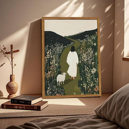 Framed Jesus Wall Art - Christian Canvas Print of Jesus and The Lost Lamb | 12x16 Inch Religious Decor