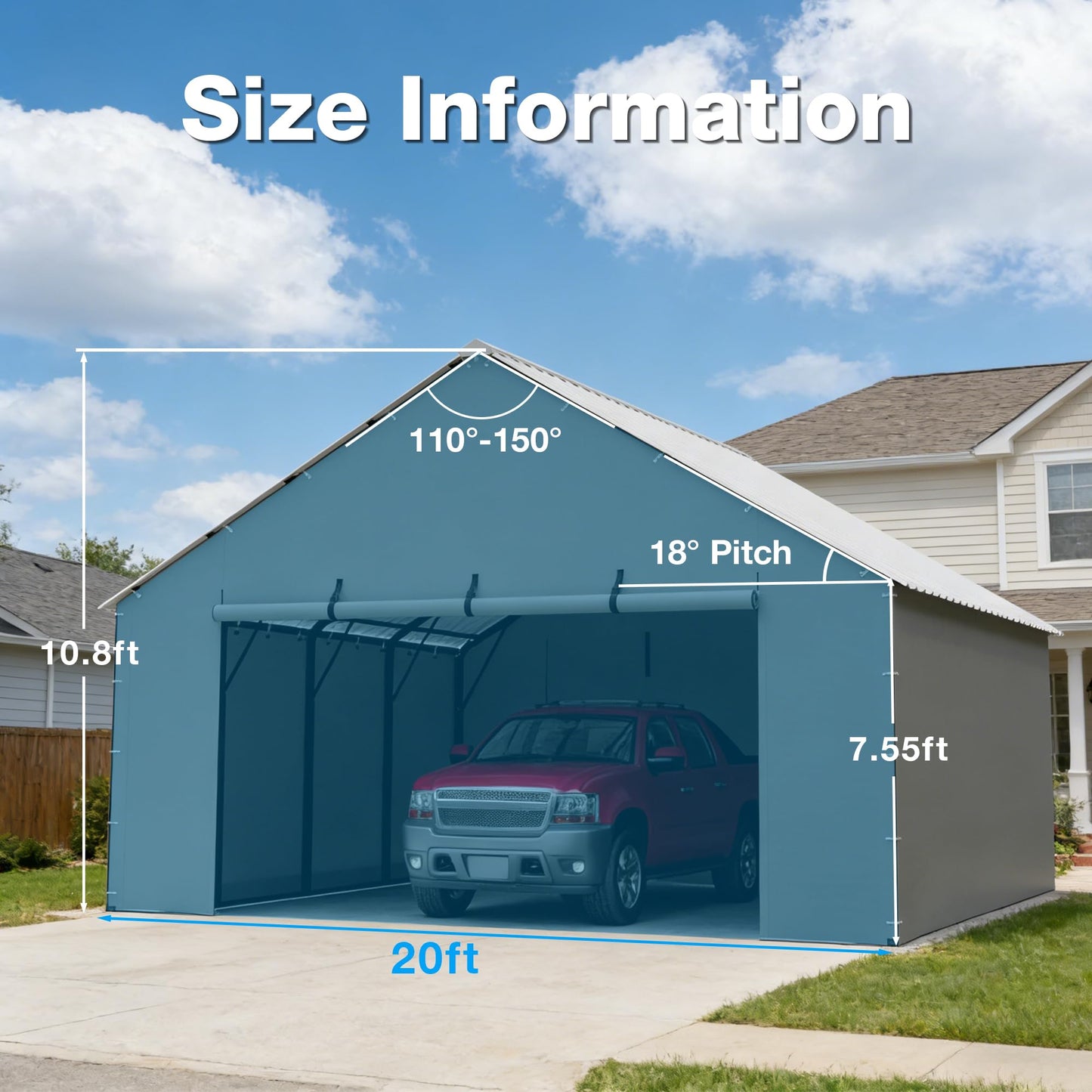 FLOUREE Metal Carport Zipper Door Replacement Fits 20'x16' 20'x20' 20'x25' 20'x26'Heavy Duty 220g PE Tarp, Waterproof UV Resistant Roll-Up Cover with Bungees, Gray (No Frame)