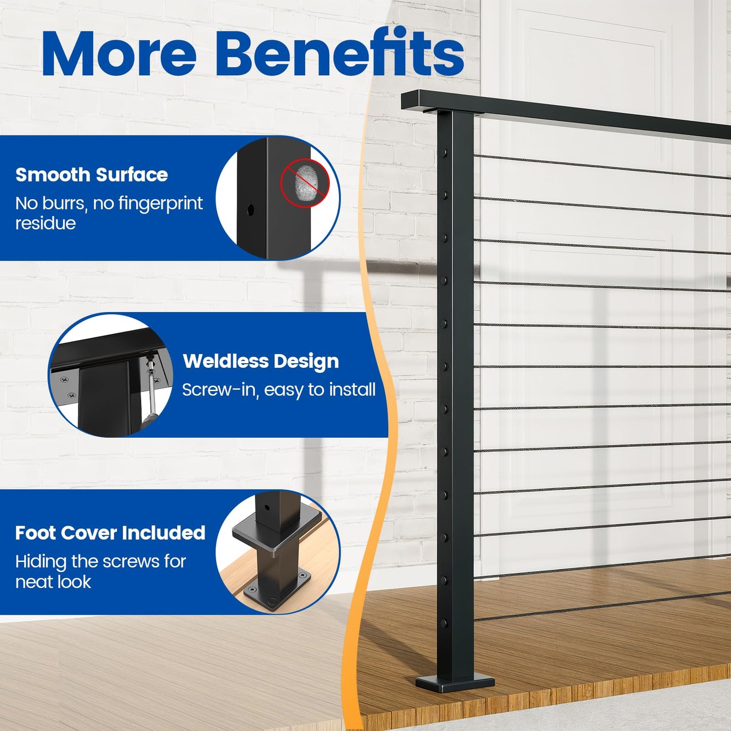 Muzata 4Pack Black Cable Railing Post 36 Inch 36"x2"x2" Level Drilled Surface Mount T304 Stainless Steel Cable Railing System Kit Indoor Outdoor with Paper User Guide PS02 BH4S