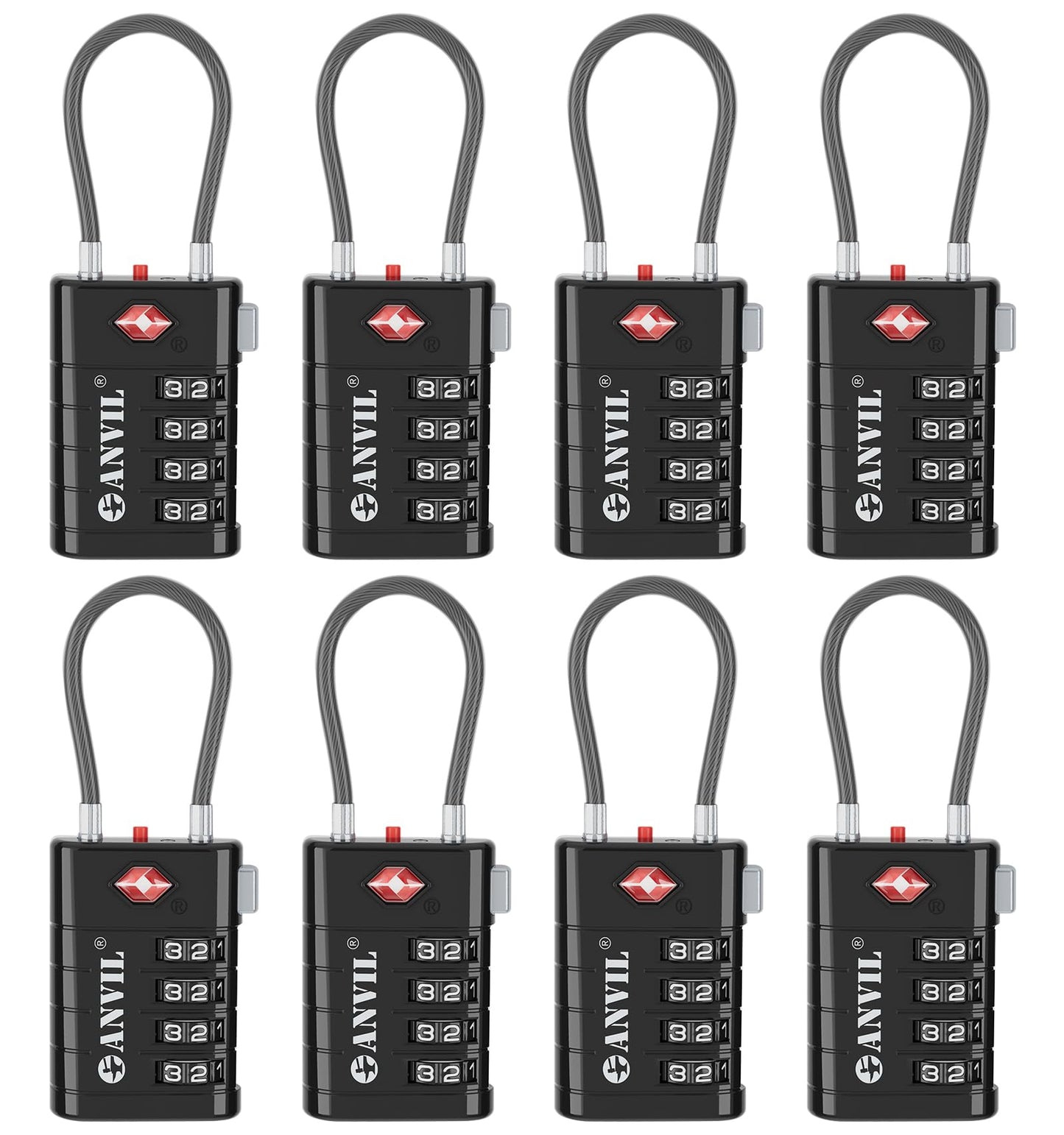 ANVIL TSA Approved Luggage Locks with Search Alert Indicator, 4-Digit Combination Suitcase Lock, Advanced TSA008 Core Heavy Duty Anti-Theft Travel Lock for Double Zippers, Backpacks (8, Black)