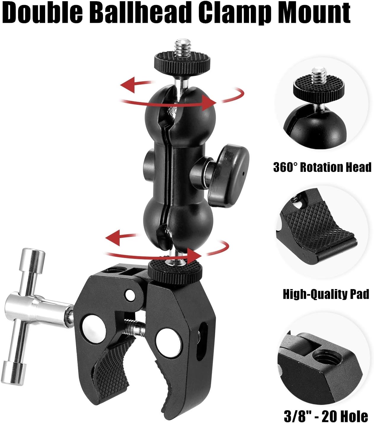 WANBY 1/4" 3/8" Double Ballhead Magic Arm Camera Clamp Mount Monitor Mount Bracket with Super Clamp with and Thread