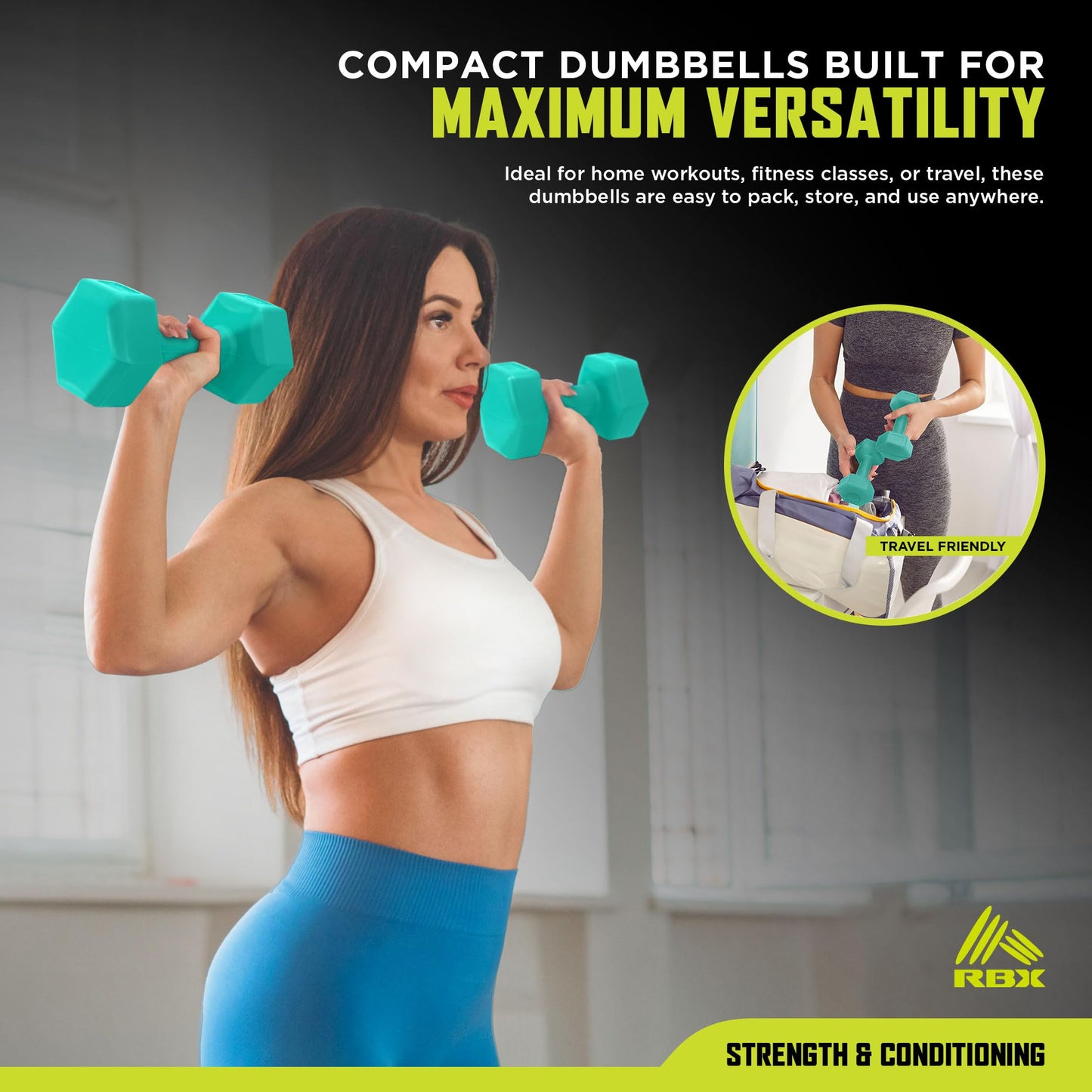 RBX 4lb Pair Hex Dumbbells, 2lb Each, Hex Shape for Stability, Compact for Easy Portability, Dumbbell Set for Strength Training, Cardio, Walking, and More, All Fitness Levels (Mint)