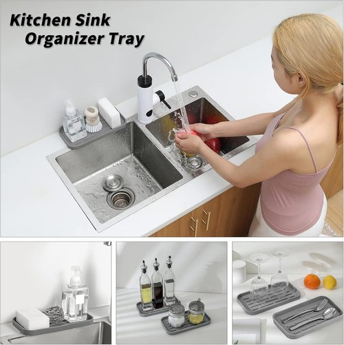 MicoYang Silicone Kitchen Sink Organizer Tray - Eco-Friendly Sponge Holder for Kitchen & Bathroom (Grey, 10"×5.3")