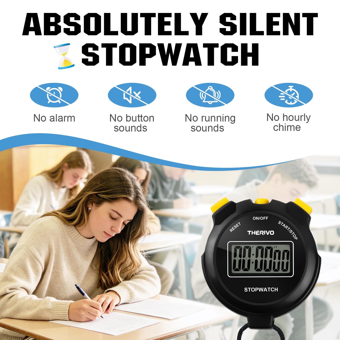 Therivo Digital Simple Silent Stopwatch Timer: Only Stopwatch Mode (No Laps), Easy to Use, Read, and Carry with Intuitive Buttons — On/Off, Large Display, Ideal for Kids, Track, Sports, Coaches