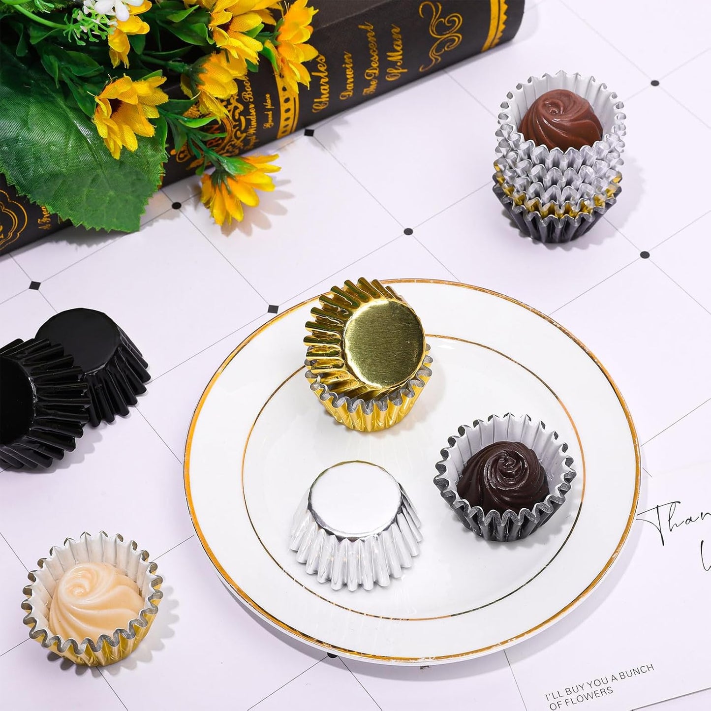 Whaline 300Pcs Graduation Cupcake Liners - Black Gold Silver Foil Baking Cups for Party Supplies