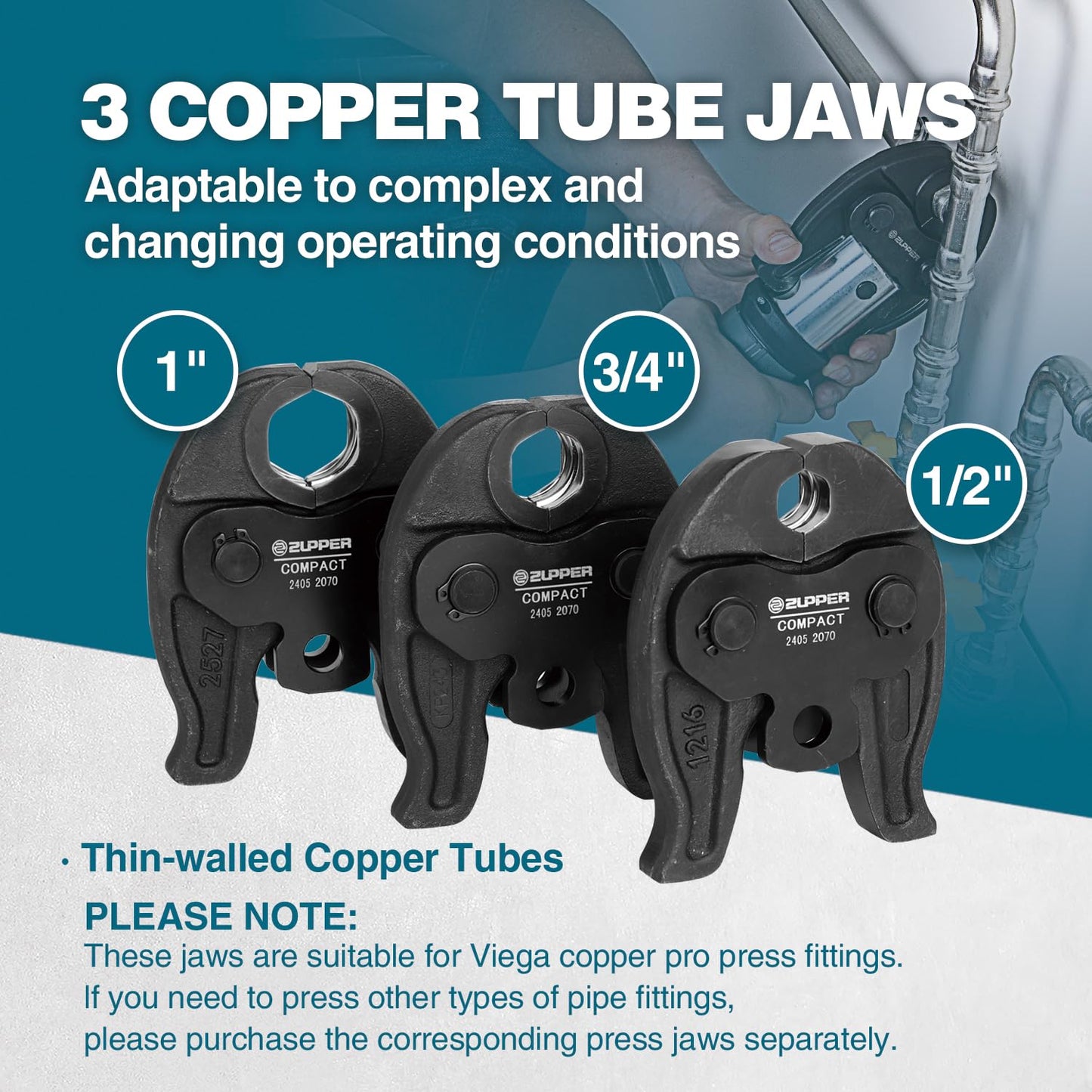 ZUPPER Press Tool, 18V Electric Pipe Crimping Tool for 1/2", 3/4", 1" Copper Pipes, Compact Press Tool Kit Suitable for Copper ProPress fittings - with 3 VUS Press Jaws, 2pcs Battery