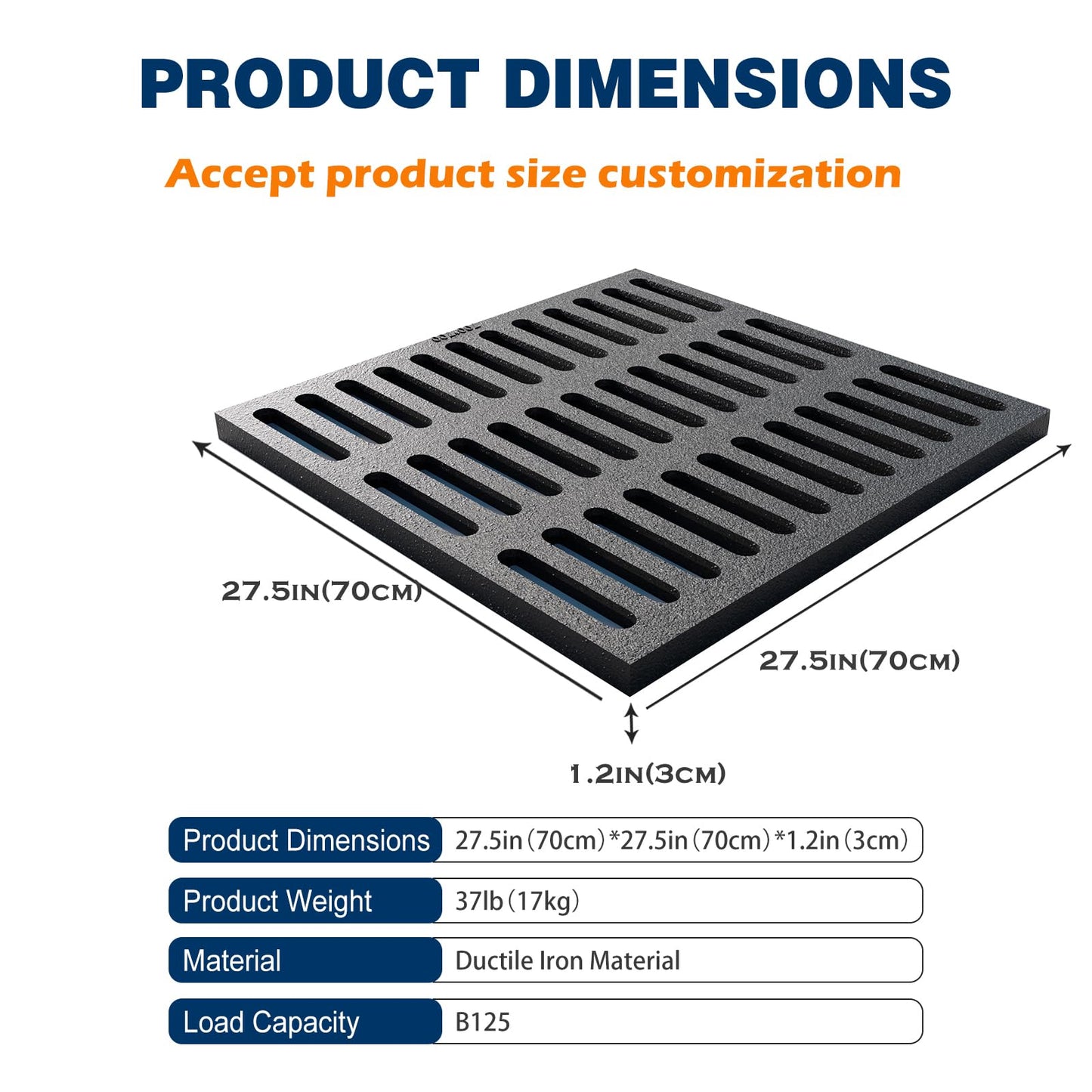Cast Iron Drain Grate, 28 * 28in Outdoor Drain Cover, B125 Class Ductile Iron Channel Drainage Grates, Heavy Duty Sewer Grate,Black Square Drain Grate for Yard,Driveway,Concrete Floor.