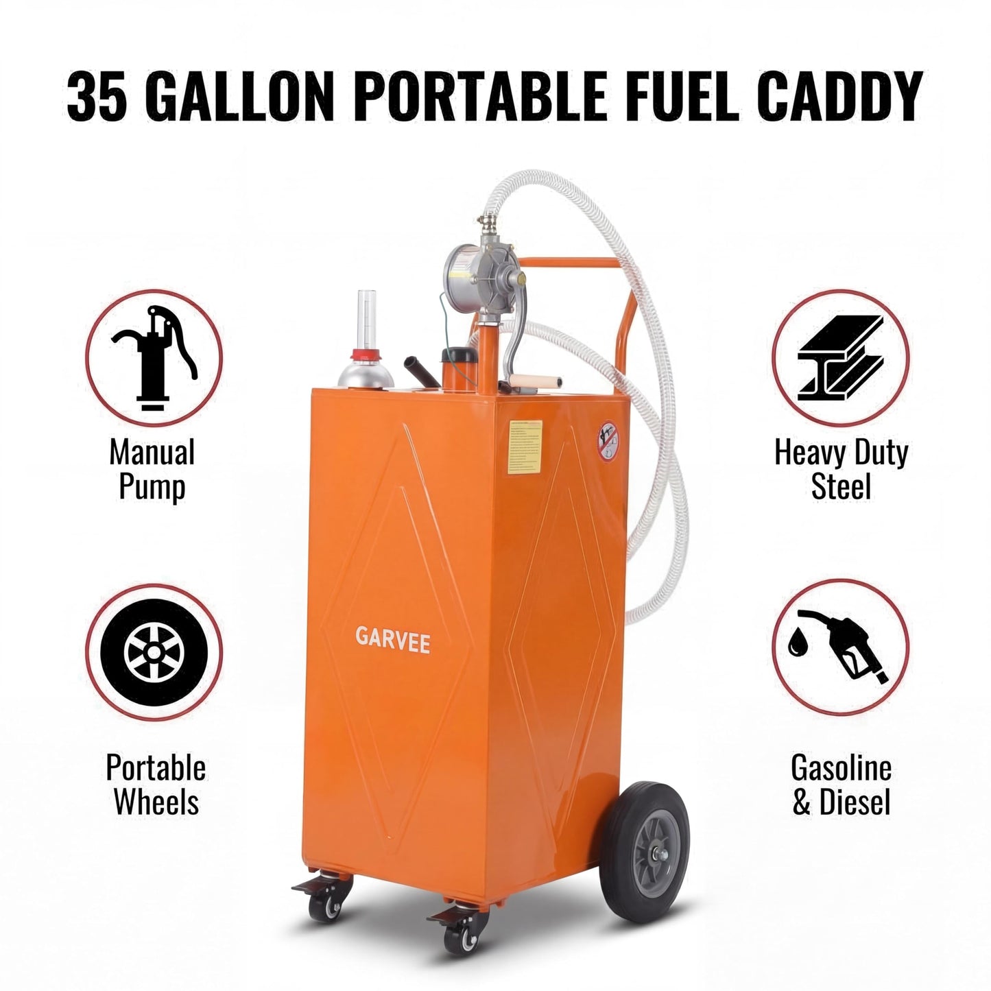Garvee 35 Gallon Portable Fuel Caddy with Manual Rotary Pump, Heavy-Duty Steel Transfer Tank on 4 All-Terrain Wheels, Mobile Gas & Diesel Storage Container for Trucks, Boats, ATV, Lawn Mower - Orange