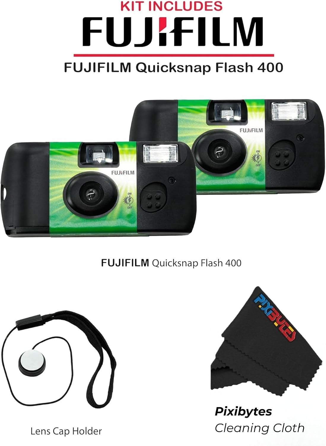 Fujifilm 400 (1 Pack QuickSnap Flash One-Time-Use Camera with Cap Keeper and Pixibytes Microfiber Cleaning Cloth...