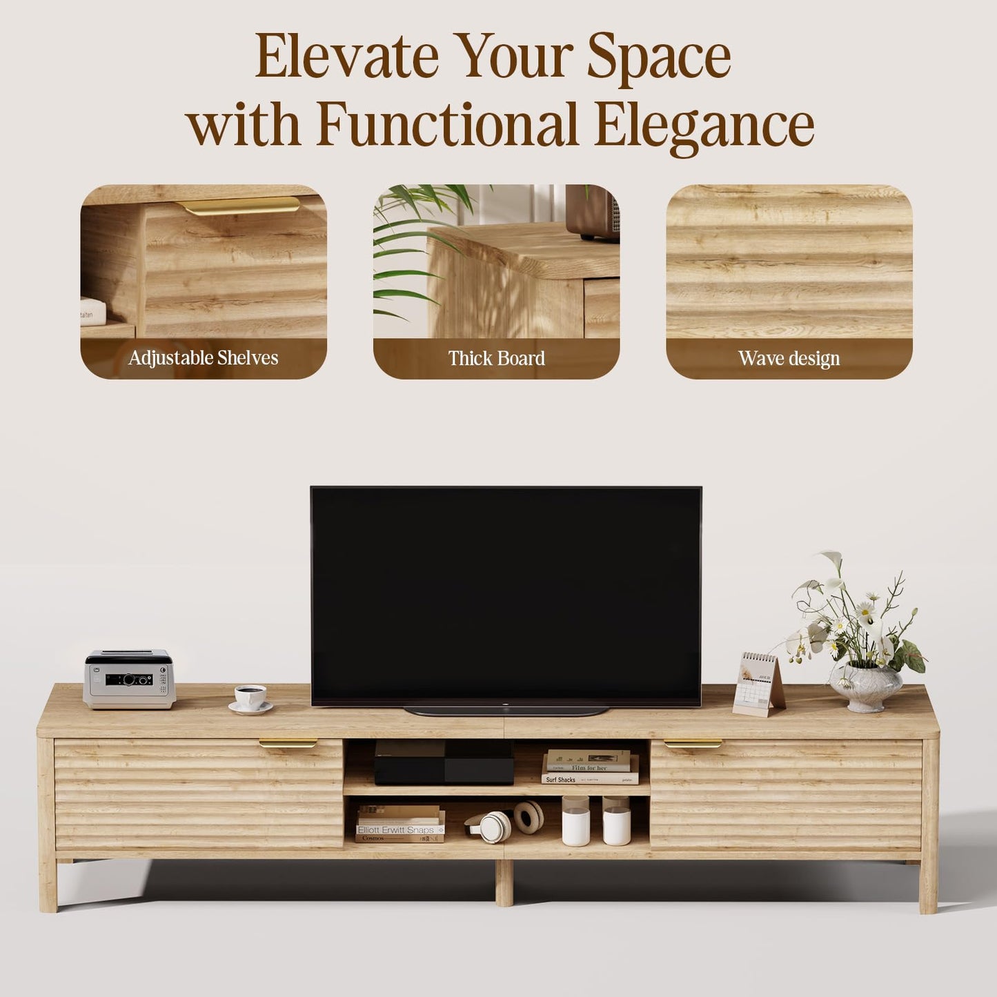 IKALIFE TV Stand for Living Room - up to 80 Inch TVs Mid Century Modern Entertainment Center with Storage and Adjustable Shelves, Media Console Table Oak 71"
