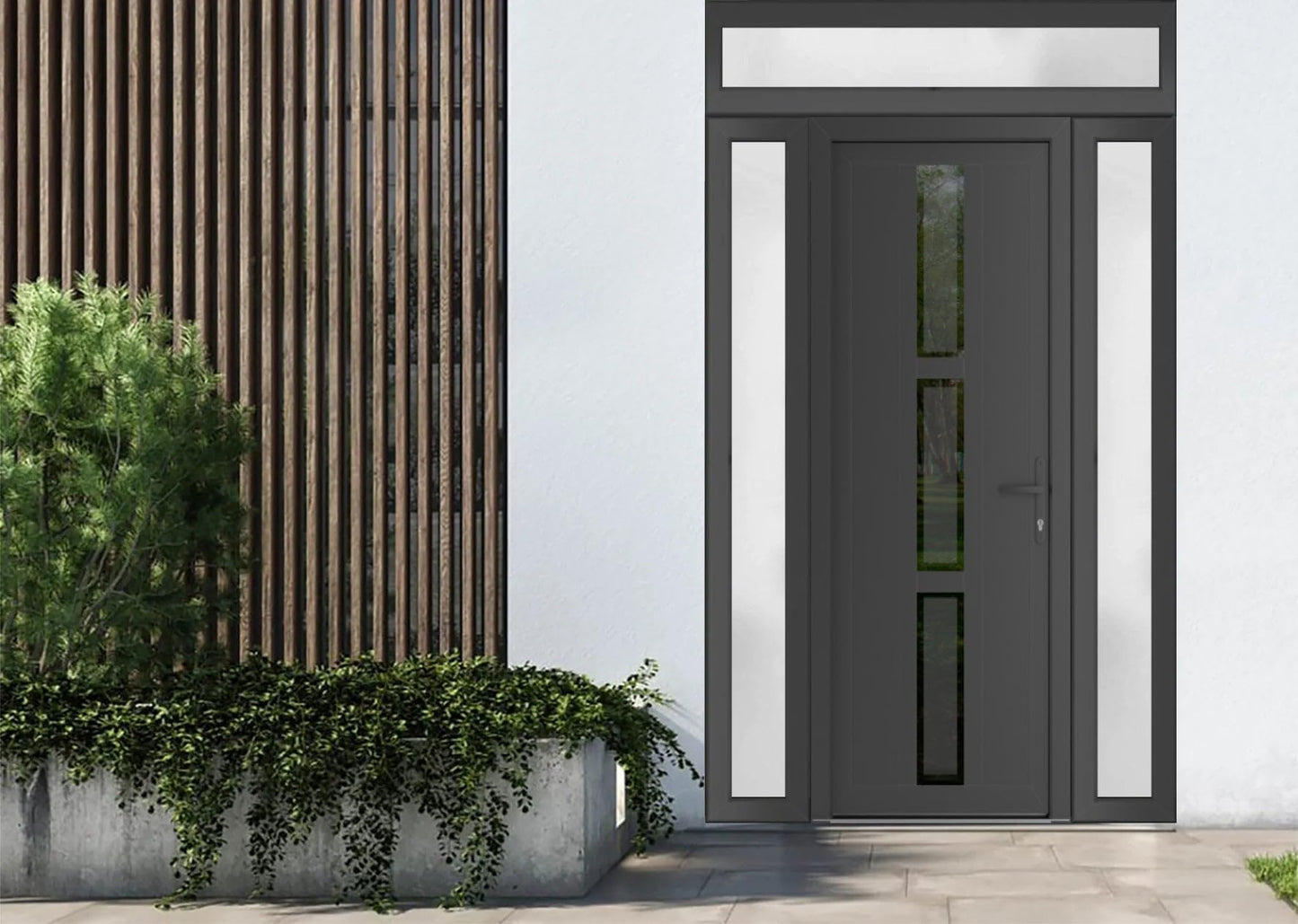 VDOMDOORS Front Exterior Prehung Metal-Plastic Door Frosted Glass | Manux 8112 Antracite Grey | 2 Side, Top Sidelite Transom | Doors Entrance Patio Garage 60 x 94 (W12+36+12 x H80+14) Left-Inswing
