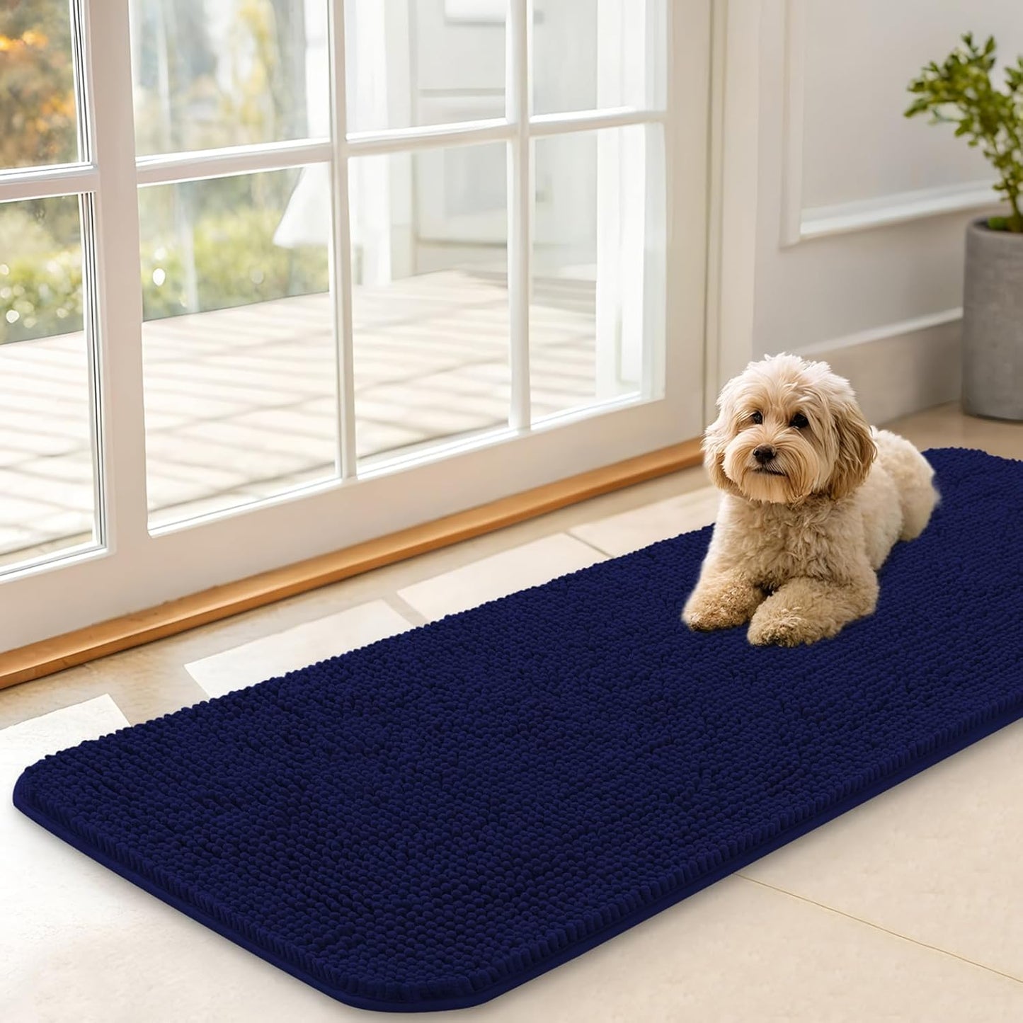 OLANLY Dog Door Mat - Absorbent Non-Slip Washable Chenille Mat for Muddy Paws | 47x17, Navy Blue