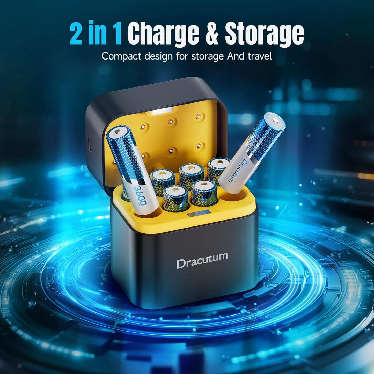 Dracutum 3600mWh 2000+ 1.5V 8-Pack Rechargeable AA Batteries - Cycles Rechargeable Lithium AA Battery with Charger