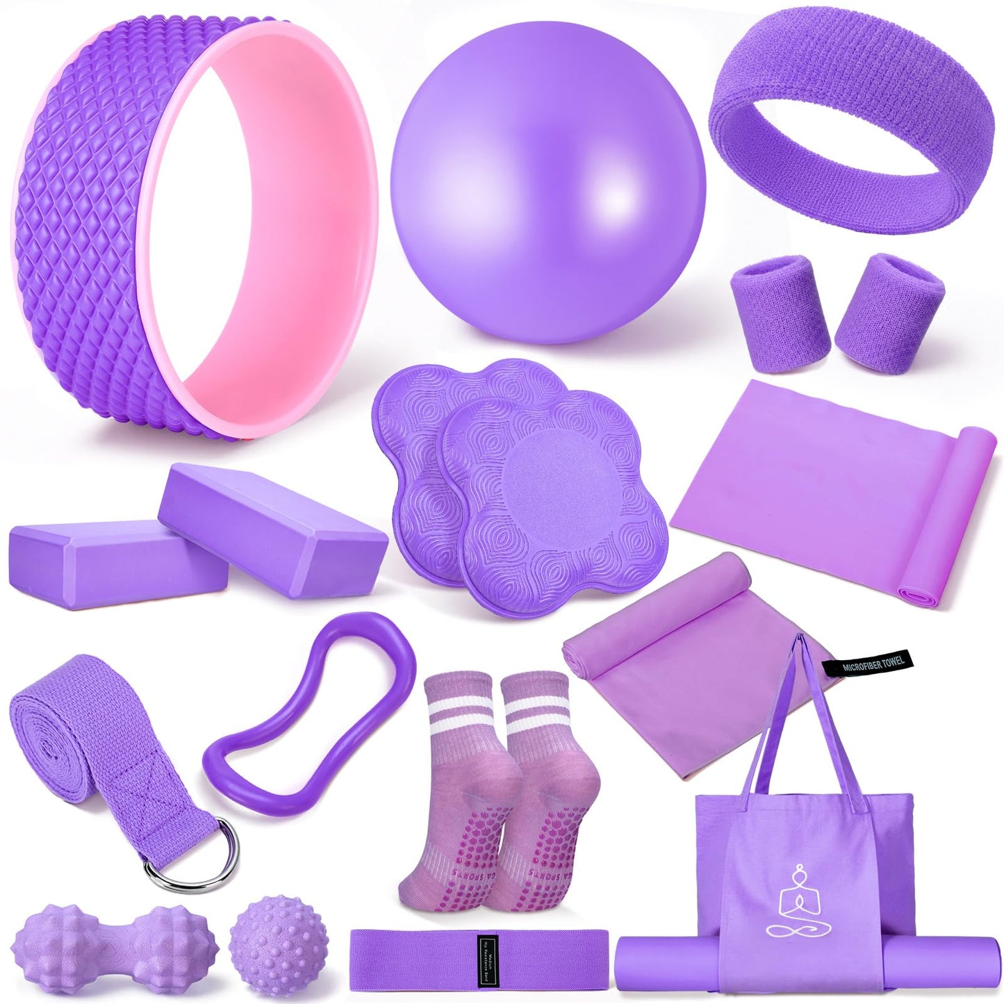 17 Pcs Yoga Essential Kit for Women, Pilates Equipment Starter Set for Beginners with Yoga Wheel Ball Blocks Strap Resistance Bands Wrist Rings Socks Towel & Carry Bag for Home Workouts(Purple)