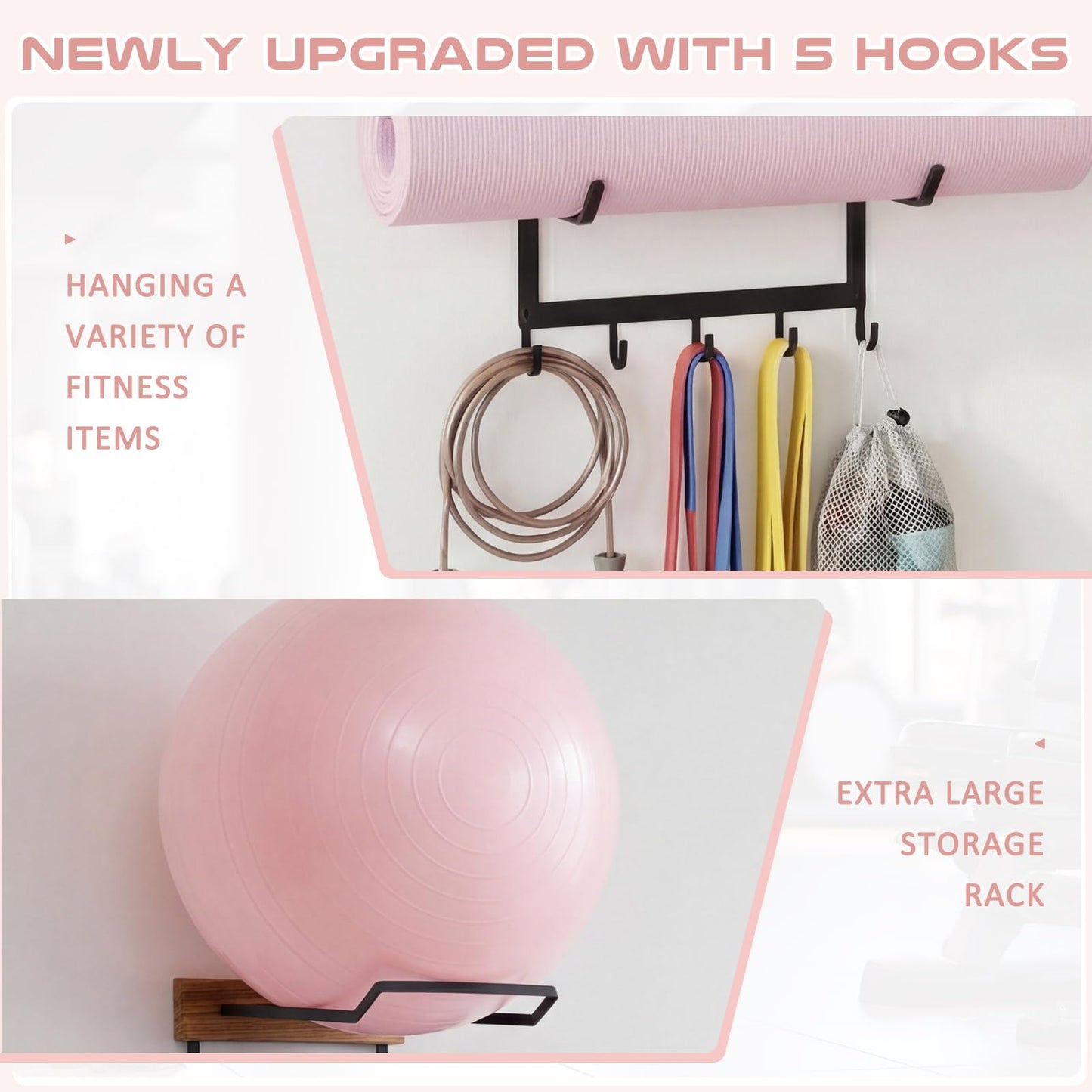 Geelin Yoga Mat and Ball Holder Wall Mount, 4-Tier Yoga Mat & Ball Storage Rack, Home Gym Organizer, Black Metal Floating Shelf for Hanging Foam Rollers & Resistance Bands(5 Hooks Style,Wood Color)