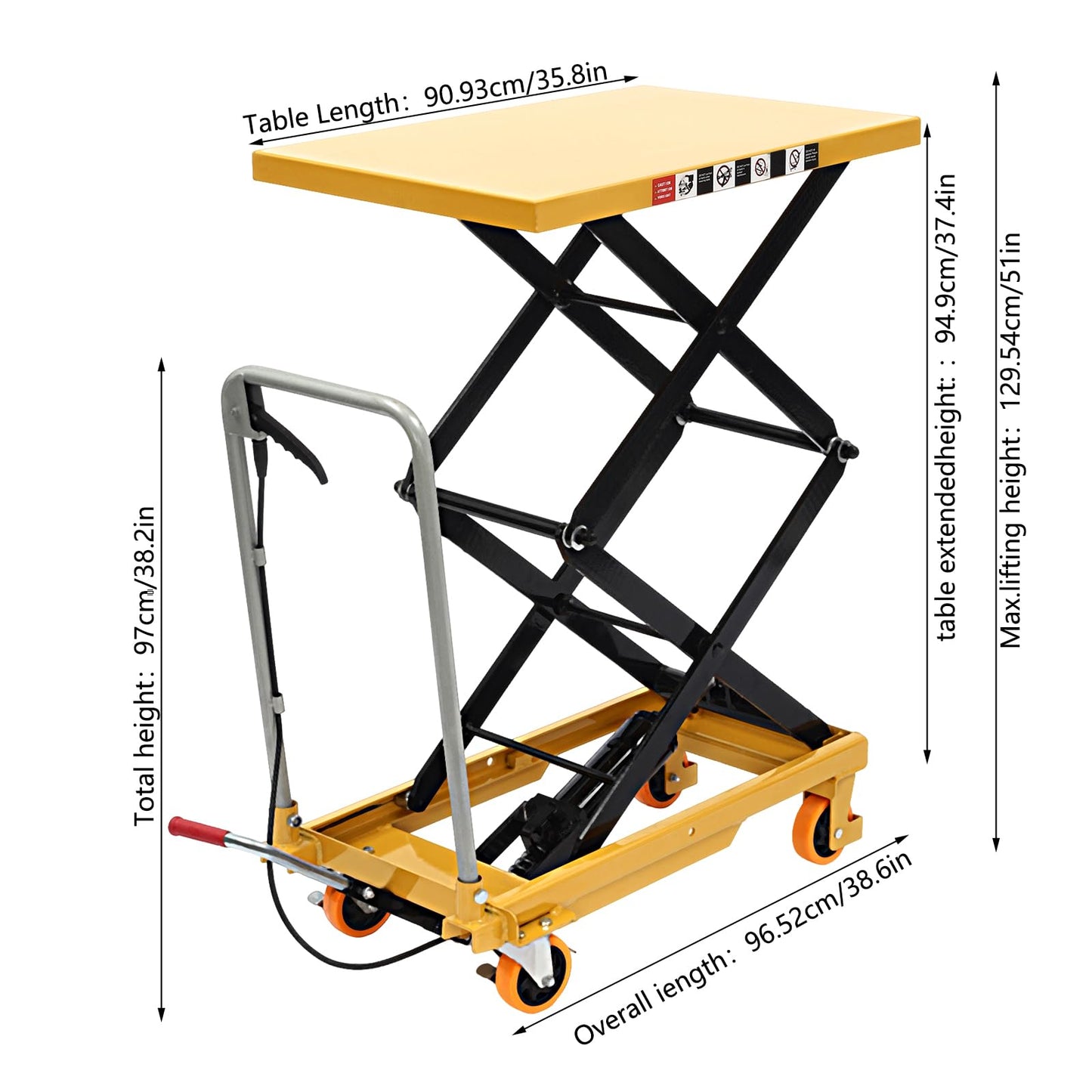 770lbs Double Scissor Hydraulic Lift Table Cart with 4 Wheels for Material Handling and Transportation, 51" Max. Lift Height Hydraulic Scissor Lift Table