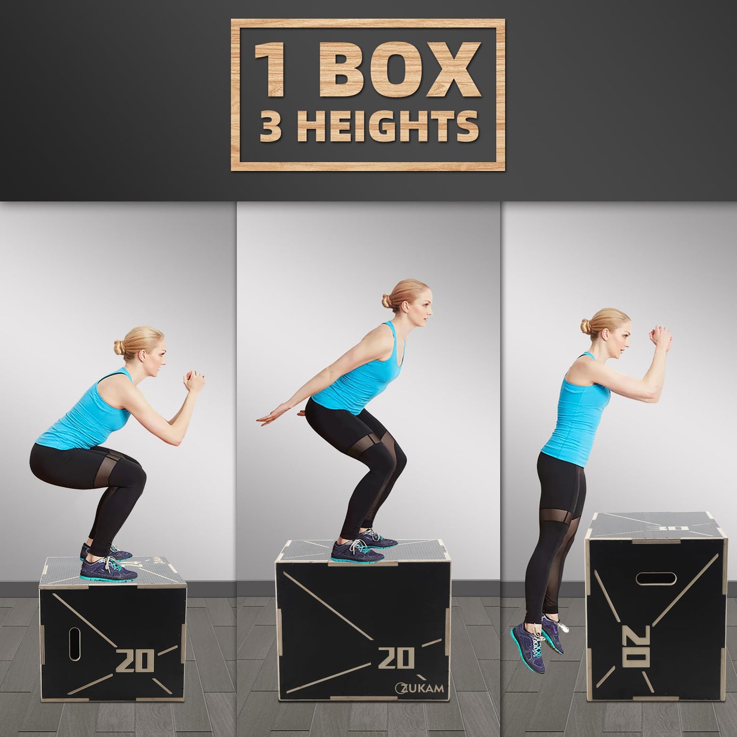 ZUKAM Non-Slip Wood Plyometric Jump Box- 3-in-1 Wooden Plyo Box for Home Gym and Outdoor Workout (20" x 18" x 16")