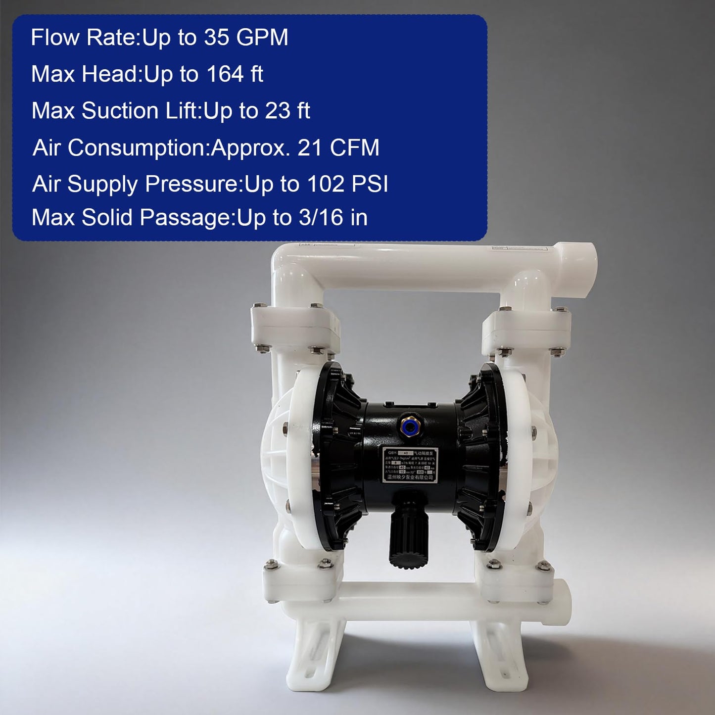 Air Operated Double Diaphragm Pump, 35 GPM and Max 100 PSI Oil Transfer Tump Polypropylene Body, 1.5" Inlet/Outlet 164 ft Lift 23 ft Suction for Diesel Grease Oil Transfer