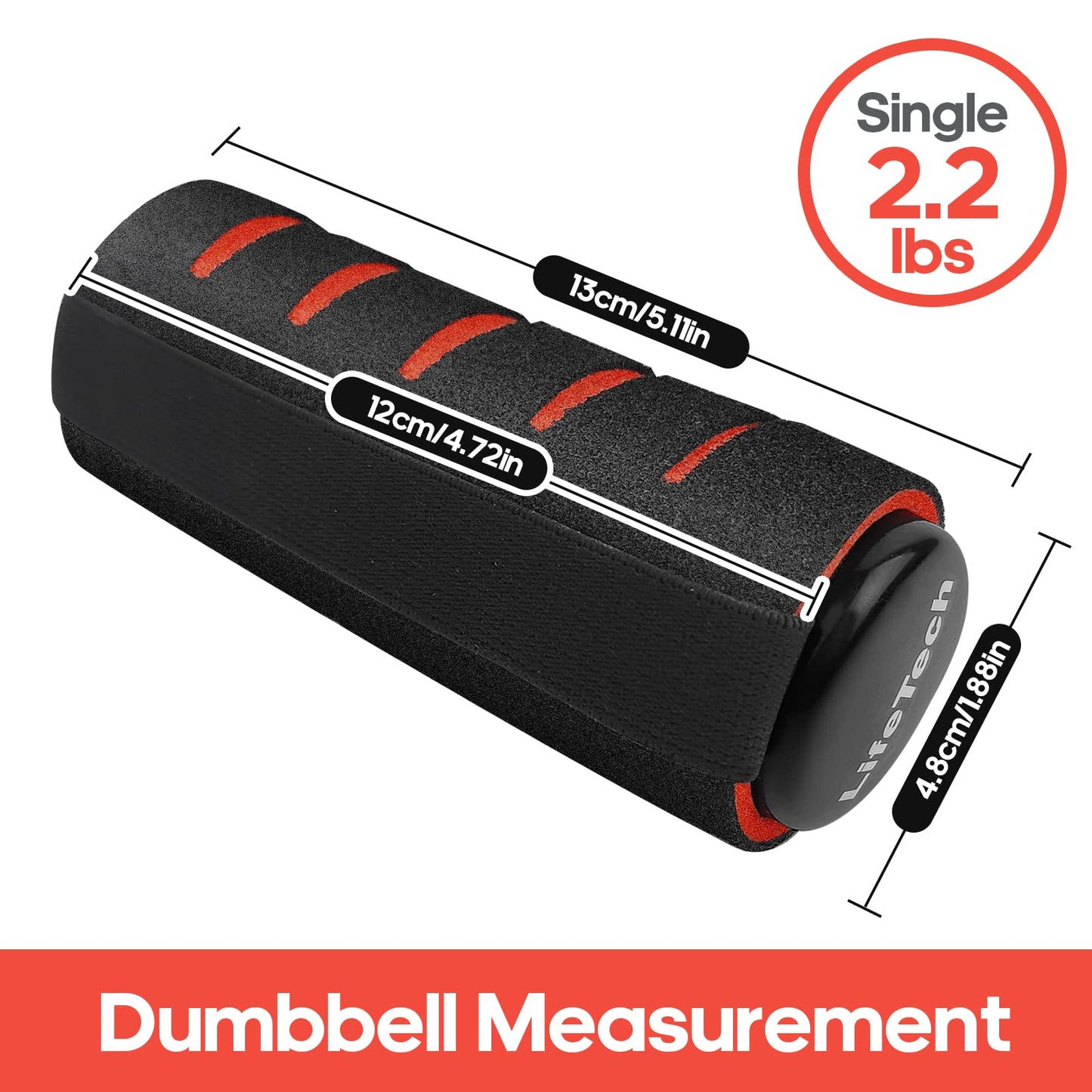 LifeTech Hand Weights for Walking, 2.2 lbs Dumbbells Set of 2 with Anti-Slip Foam Padding, Soft Grip Jogging Handweights for Fitness Training, Cardio Dumbbells 1kg/2.2lbs each black&red