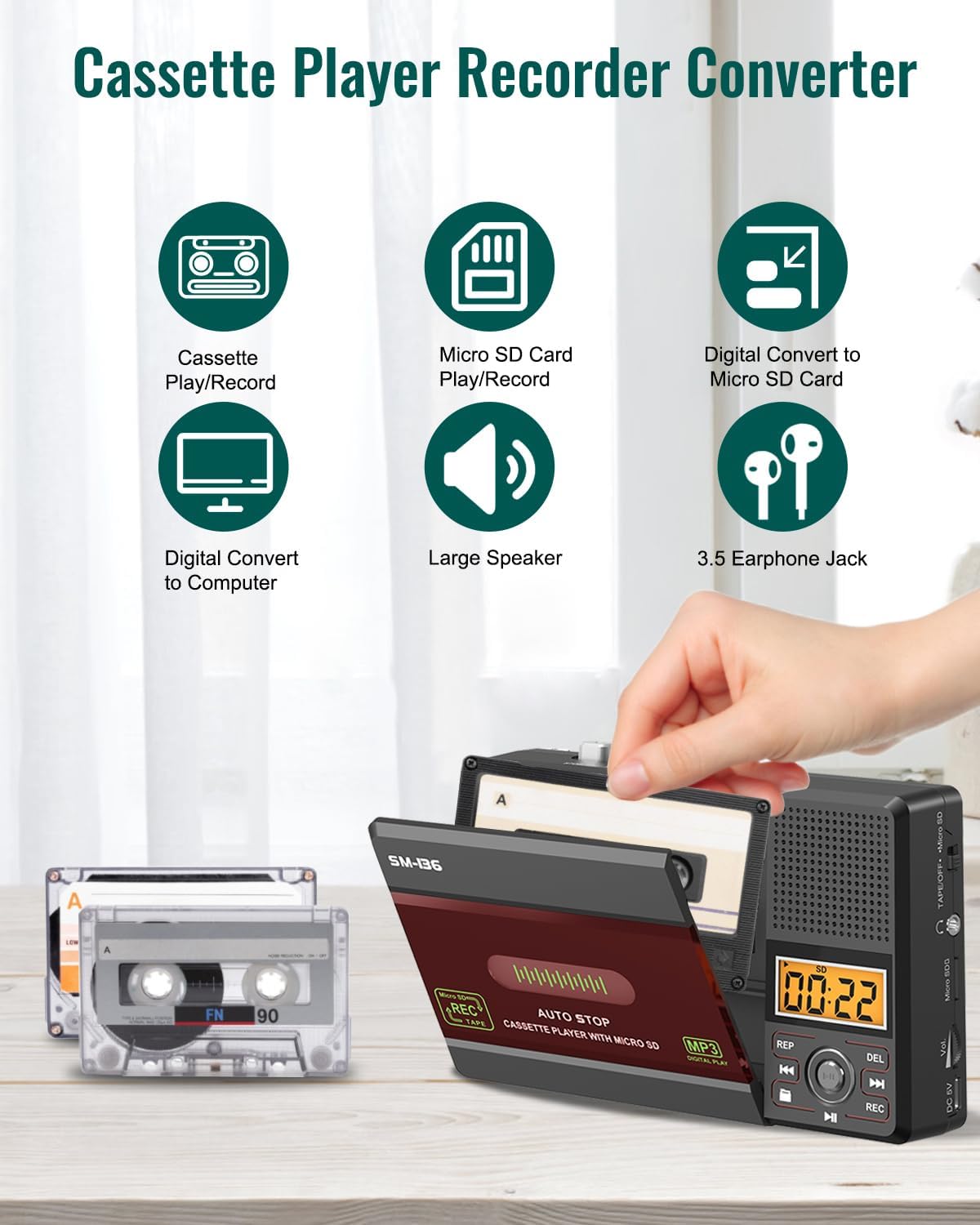 Cassette Cassette MP3 Cassette/Computer/SD 16GB SEMIER Small Tape Player, USB C or SD Card Audio to Digital Converter