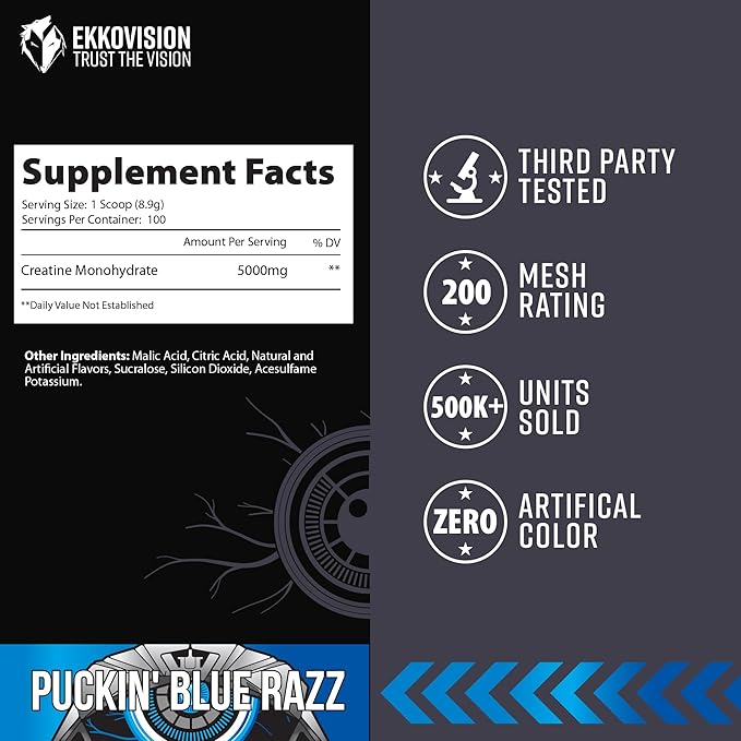 Ekkovision Creatine Monohydrate Powder, Micronized, Puckin' Blue Razz, Pre Workout & Post Workout Supplement for Men & Women, Energy Support, Easy to Mix in Shakes, Smoothies & Beverages, 100 Servings