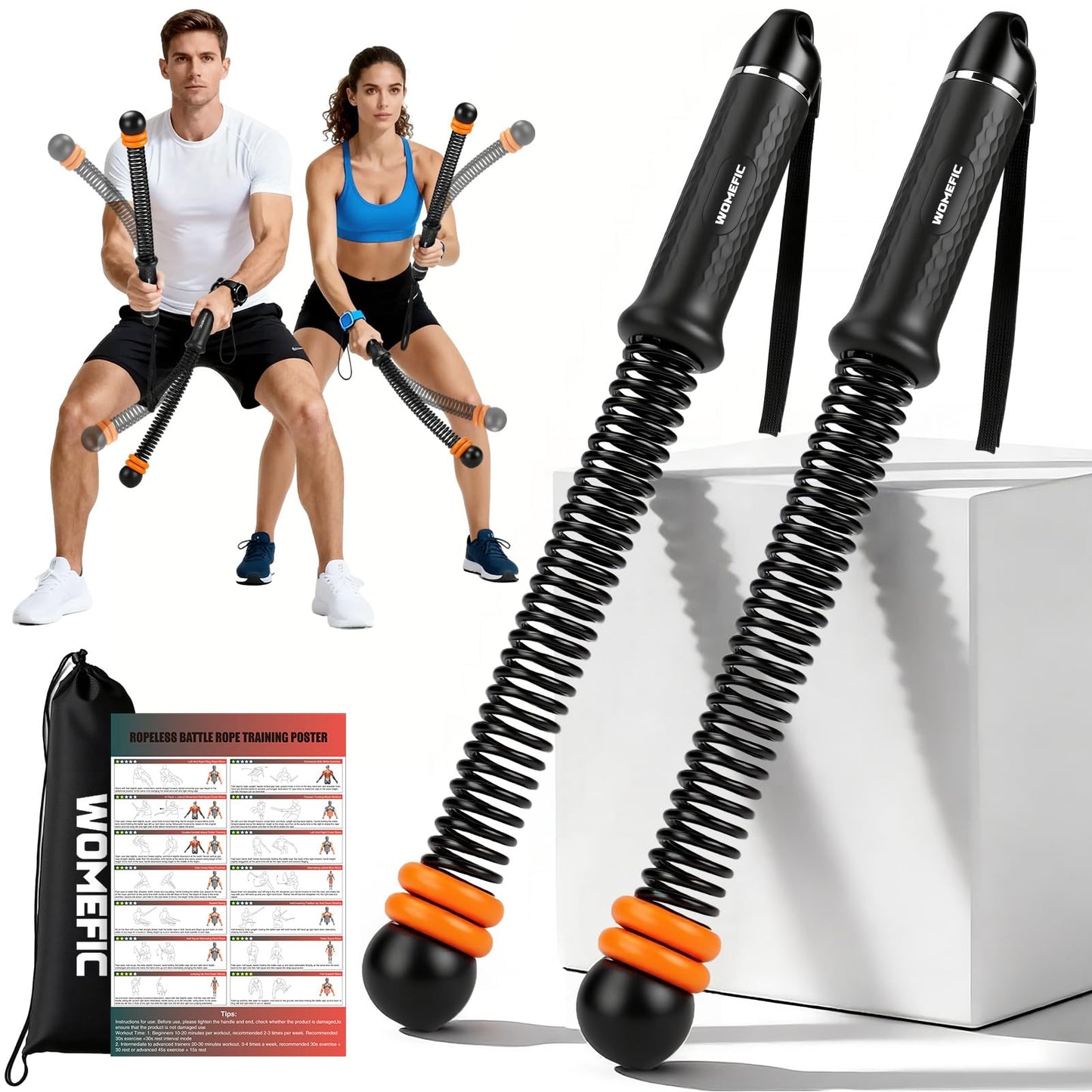 Weighted Ropeless Battle Ropes Adjustable Weight - Portable Cordless Battle Ropes for Home Gym with Poster - Strength Building, HIIT and Low-Impact Aerobic Training for Men & Women (Black)