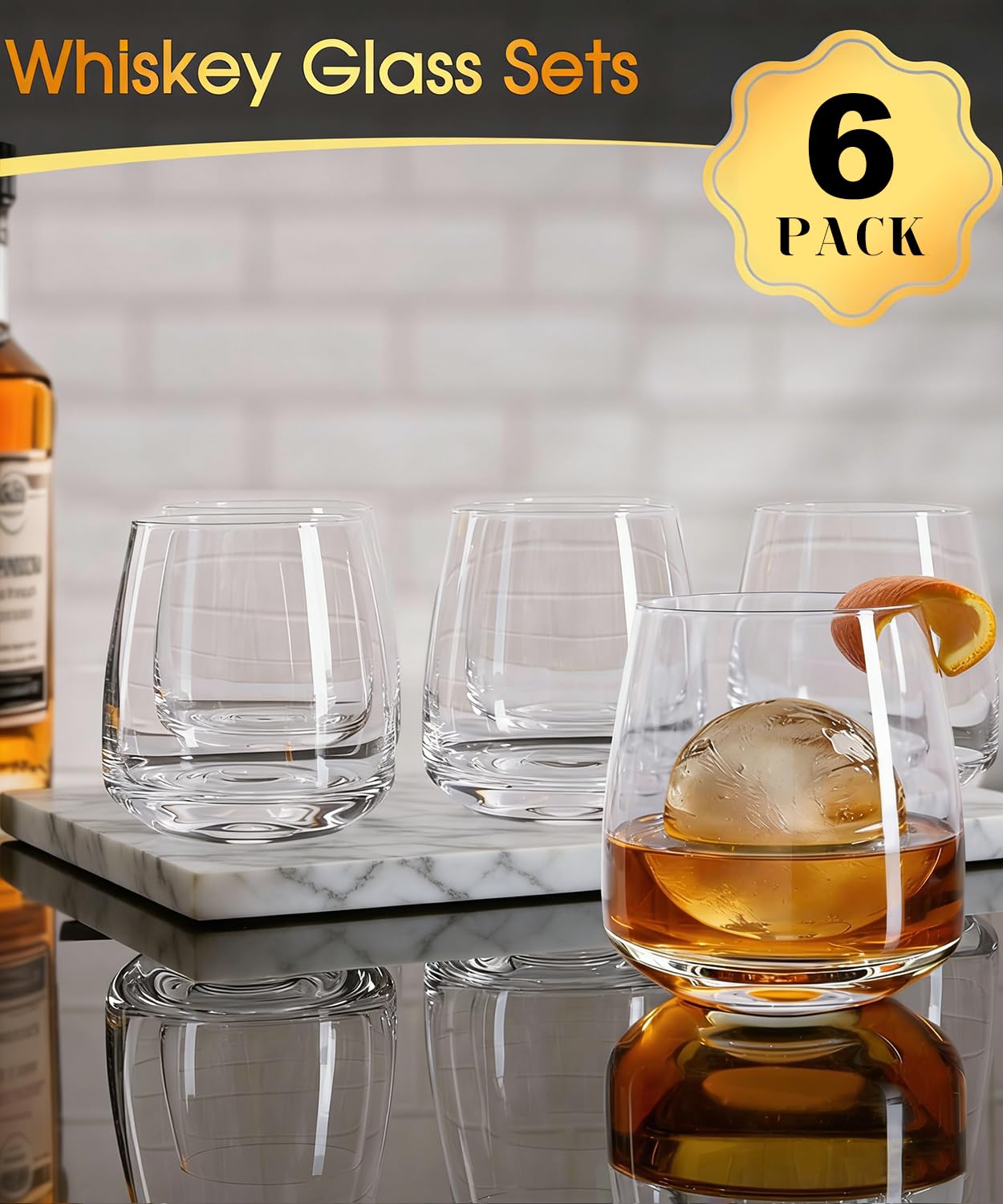 Potdoctor Whiskey Glasses Set of 6, 13.5oz Premium Lead-Free Crystal rocks Glass,Unique Gifts for Men Women, Bourbon Scotch Cocktails Drink Rum Cognac Vodka Liquor