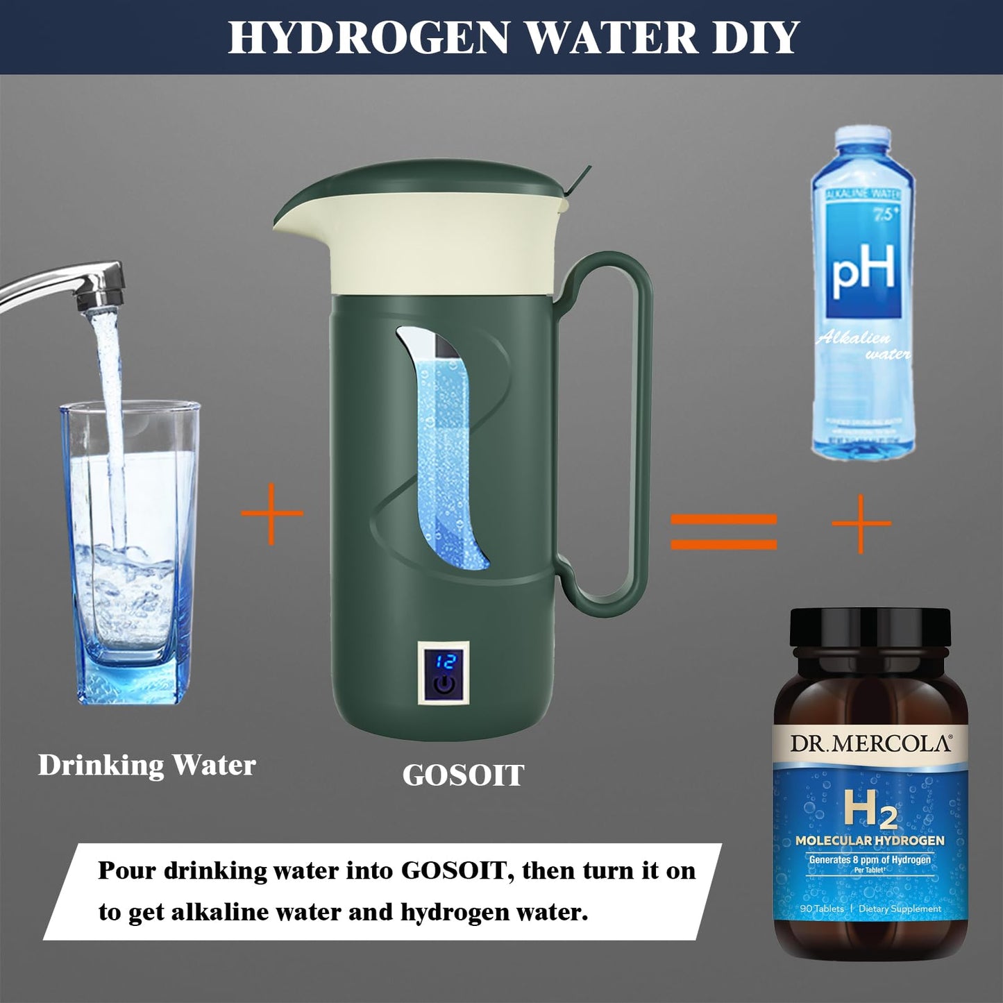 GOSOIT Hydrogen Water Bottle Hydrogen Alkaline Water Generator Ionizer Hydrogen Water Maker Machine with SPE and PEM Technology (Blue Black)