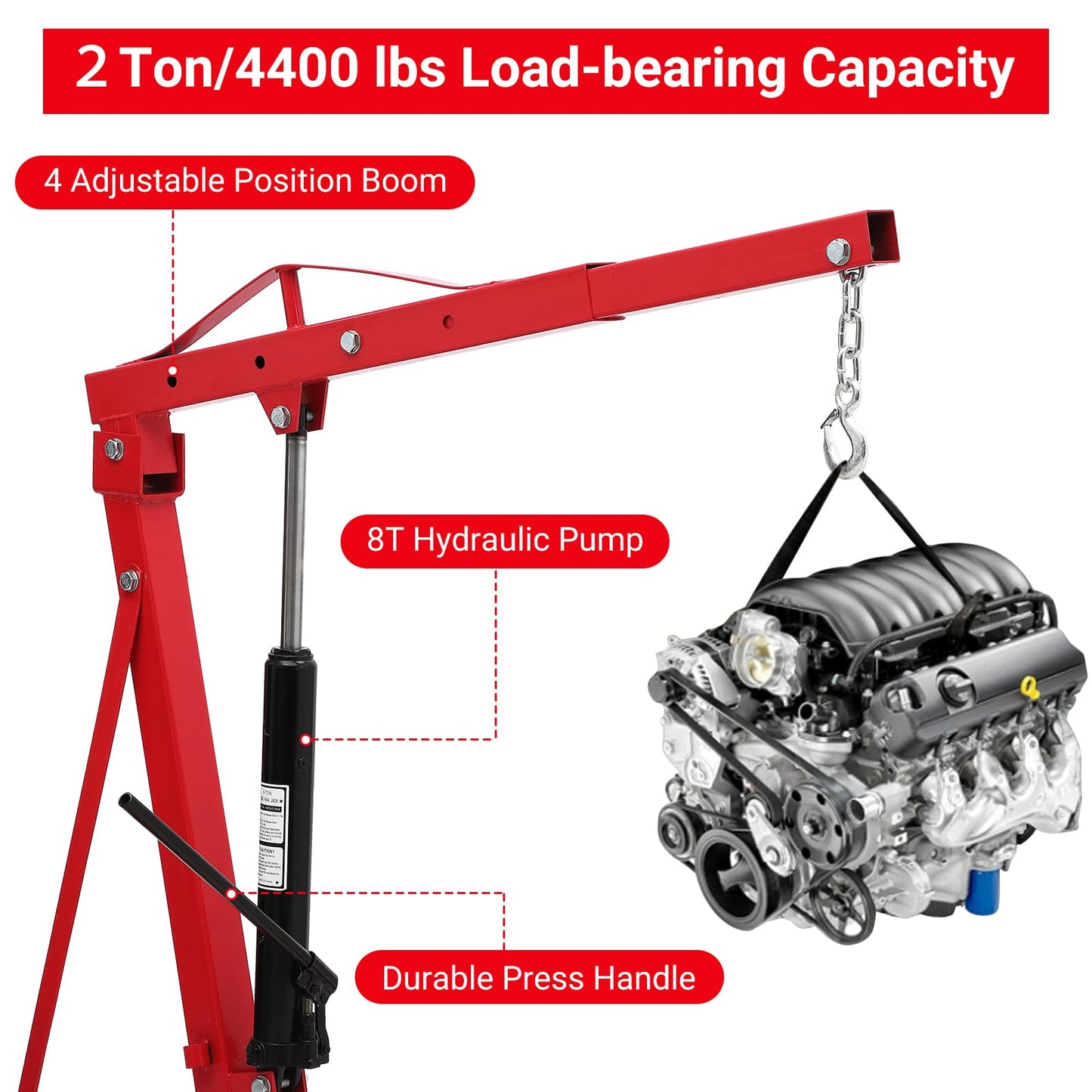 GarveeTech 2 Ton Hydraulic Engine Hoist, 4400 LBS Folding Picker Hoist, 6 Casters and Lever Heavy-Duty Hoists for Garage Auto Repair (Red)