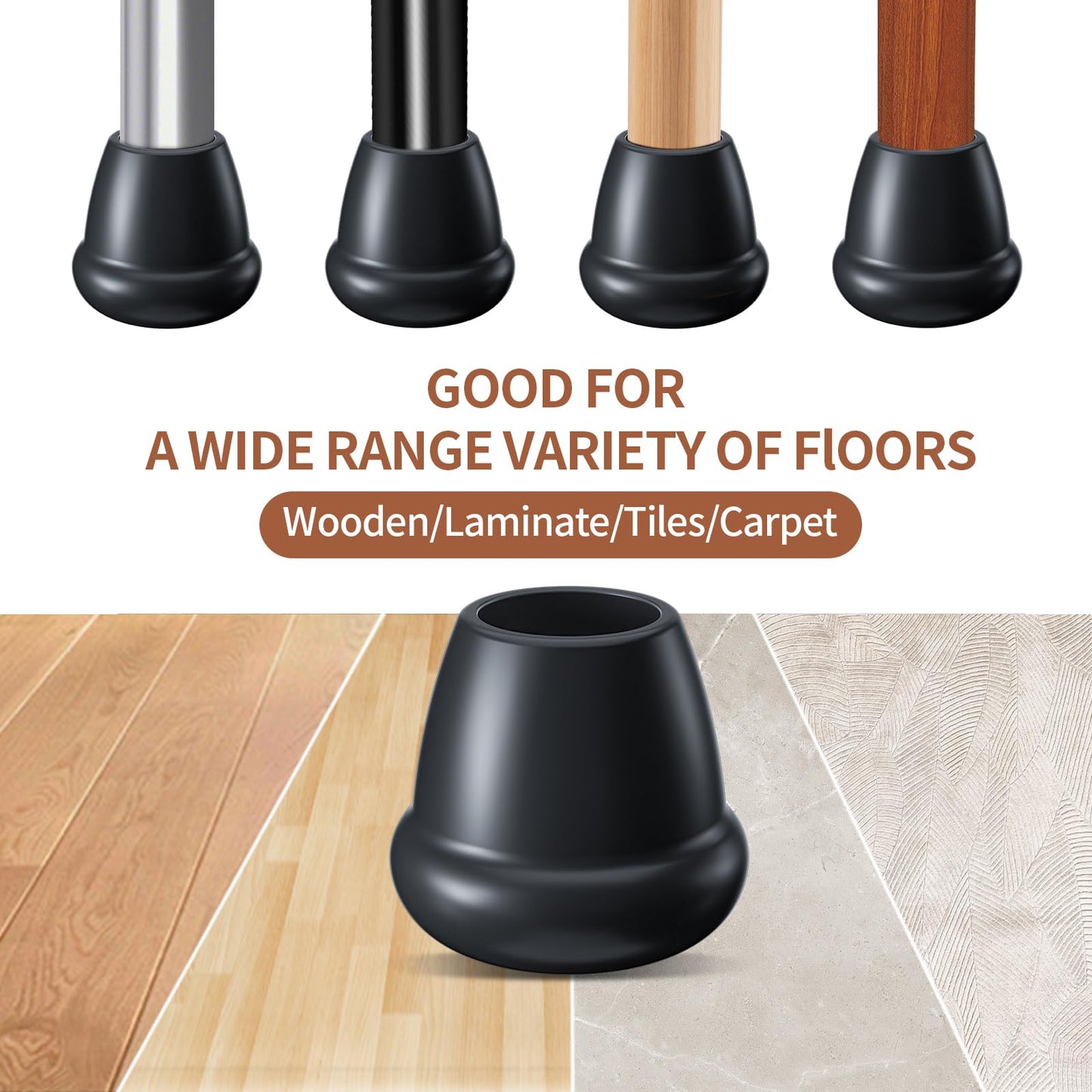 Ezprotekt 1" Rubber Chair Leg Caps, 24 Pcs Round Non-Slip Chair Leg Floor Protectors, Furniture Stool Leg Feet Covers for Bar, Tables, Patio Metal Legs, Black (M Fit: 0.87" - 1")