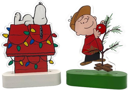 Mark Feldstein Peanuts Holiday LED Tabletop Lights - Snoopy's Doghouse & Charlie Brown Tree | 6 Inch Set of 2