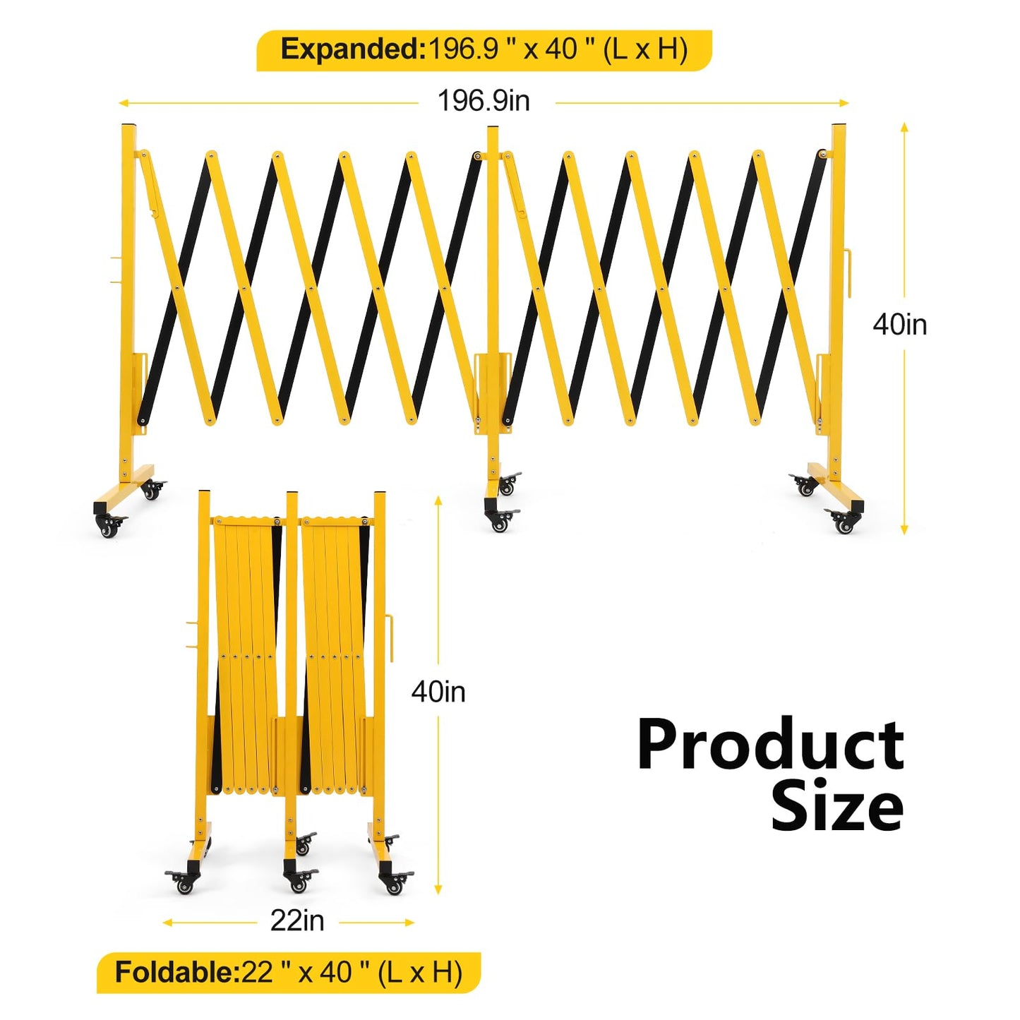 16 FT Industrial Expandable Barricade, Folding Security Gate with Wheels, Heavy-Duty Traffic Control Barrier for Construction Site, Garage, Cordon