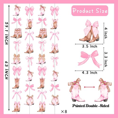 Cowgirl Bow and Boots Garlands - 8PCS Coquette Western Hanging Decorations for Bachelorette Parties
