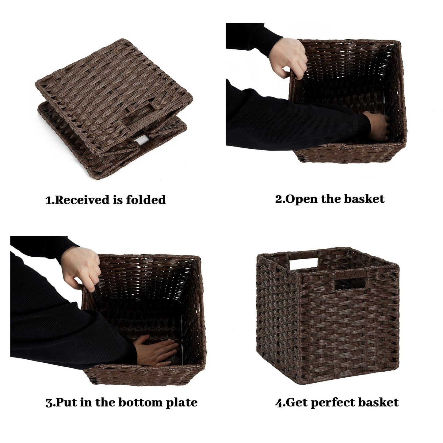 DULLEMELO Wicker Storage Baskets 11x11 Cube Storage Bins for Organizing Plastic Woven Baskets Set of 4 Waterproof Wowen Storage Cube Organizer for Pantry Closet Set of 4 - Deep Coffee