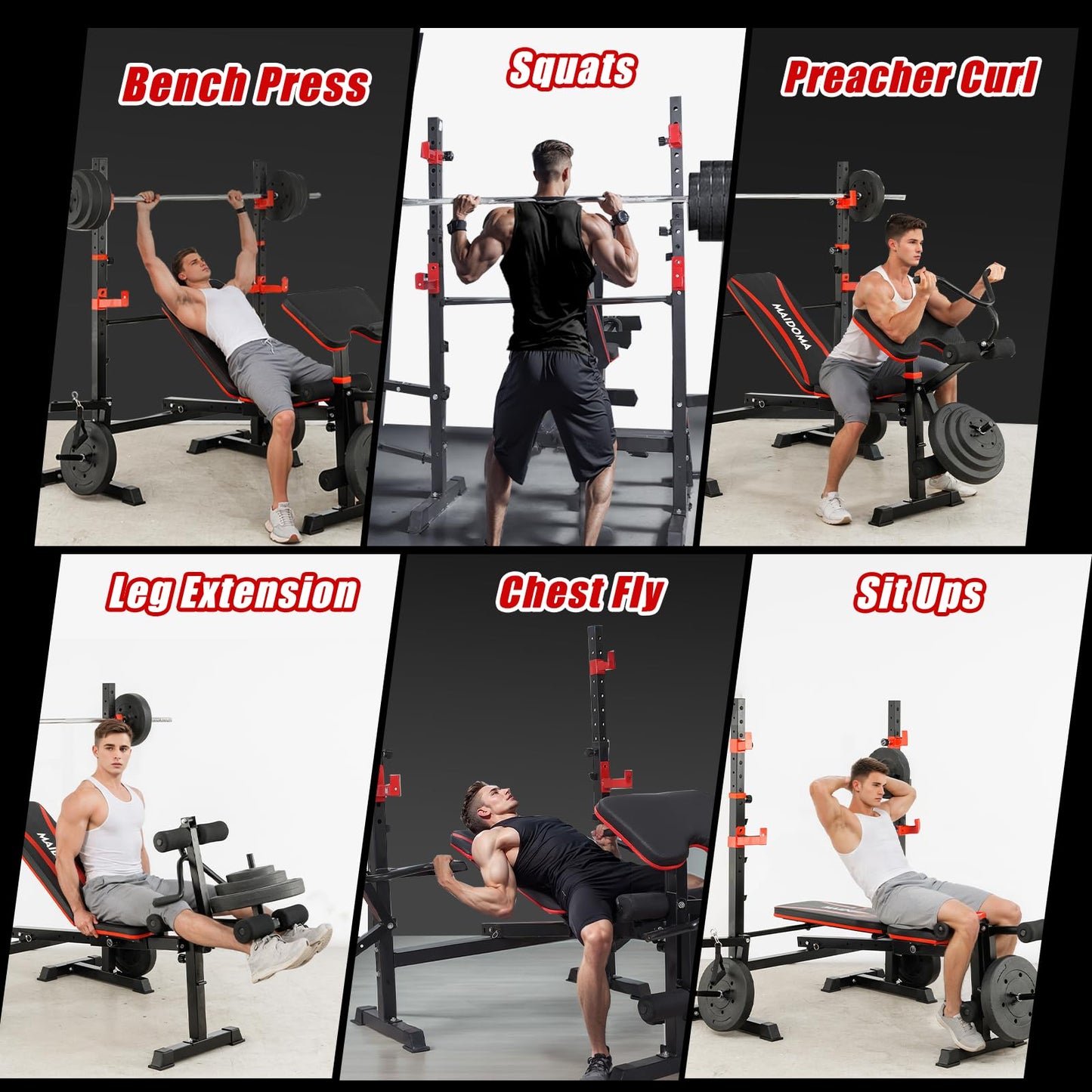 1500LBS 6 in 1 Weight Bench Set with Leg Extension/Curl and Preacher Curl, Bench Press Set and barbell Rack with Safety Bar Catches, Foldable Workout Benches for Home(US Stock)