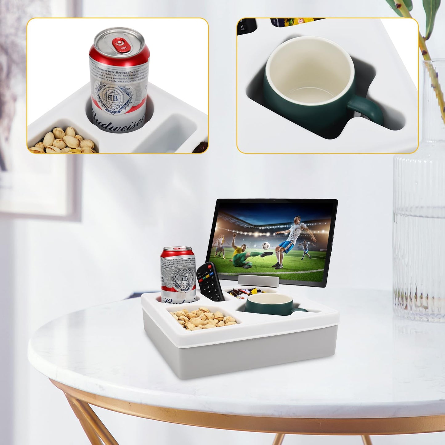 Couch Cup Holder Tray, Silicone Sofa Couch Caddy for Bed Car Seat Beach Organizer, Waterproof Cup Holder with Phone Stand for TV Remote, Snacks, Drinks, Cellphone (White)