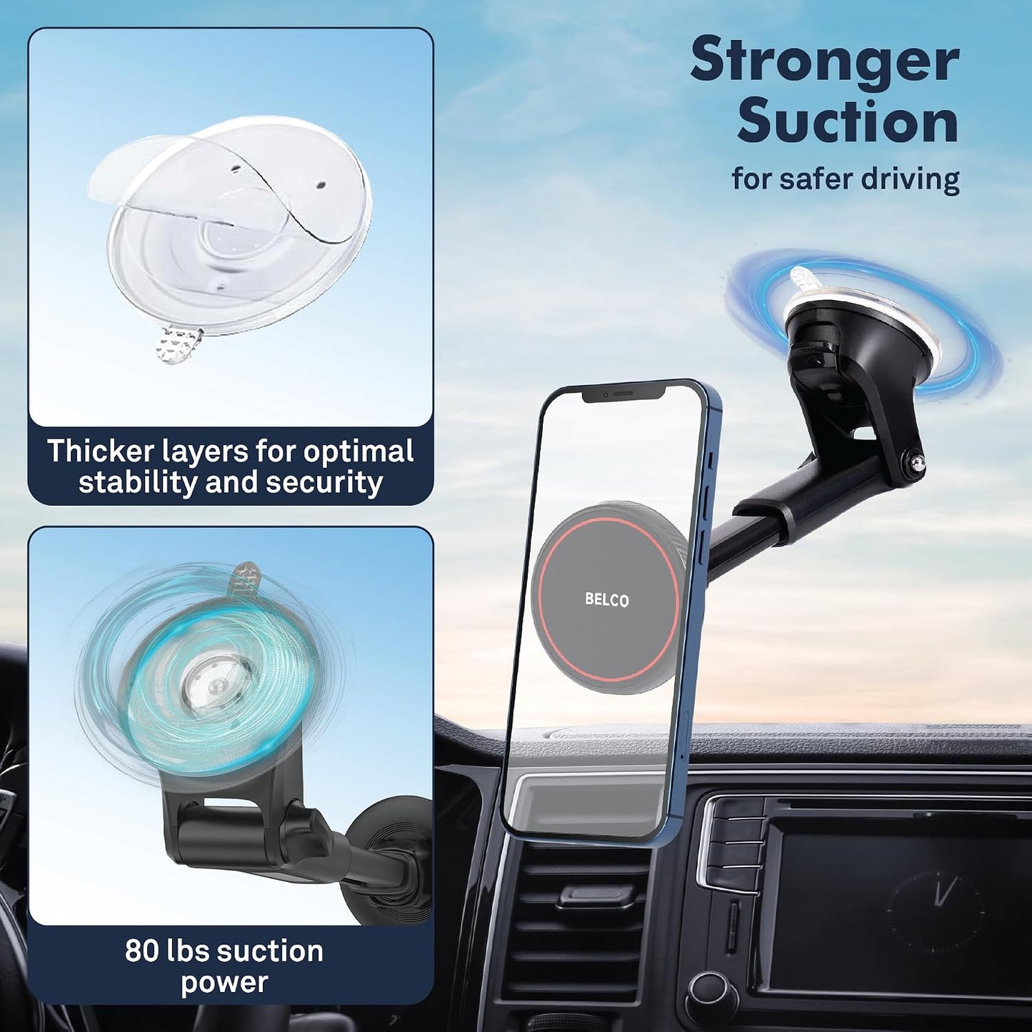 BELCO Magnetic Phone Holder for Car Suction Cup Phone Mount with Adjustable Rotating Arm and Lock Mechanism