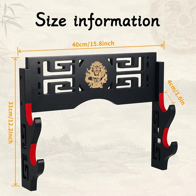 Sword Display Katana Wall Mount, 2-Tier Samurai Sword Katana Holder Stand with Velvet Padded Hook & Dragon Pattern, Sword Rack for Wakizashi Samurai Lightsaber