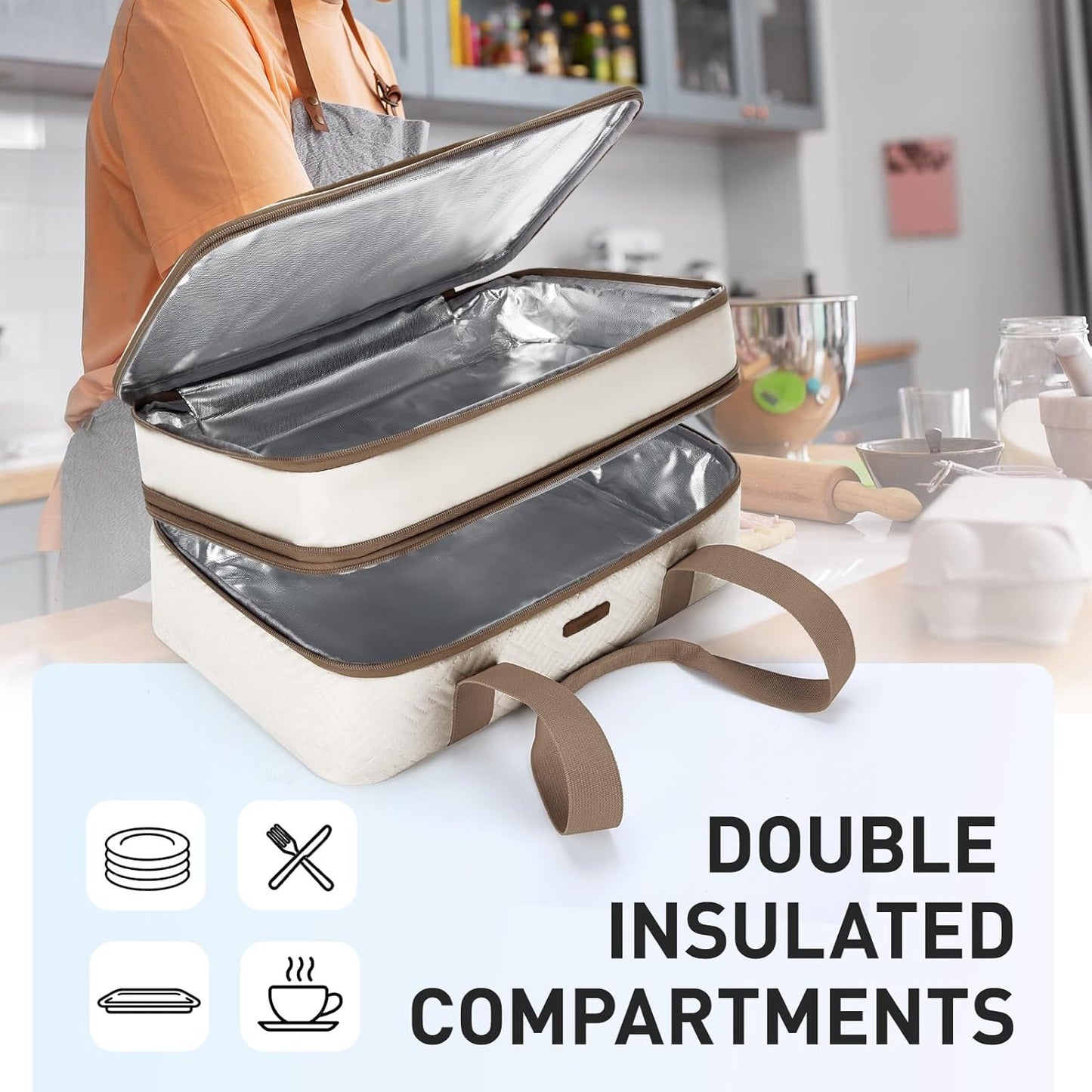 TOURIT Double Decker Insulated Casserole Carrier - Expandable Thermal Food Carrier for 9" x 13" Dishes