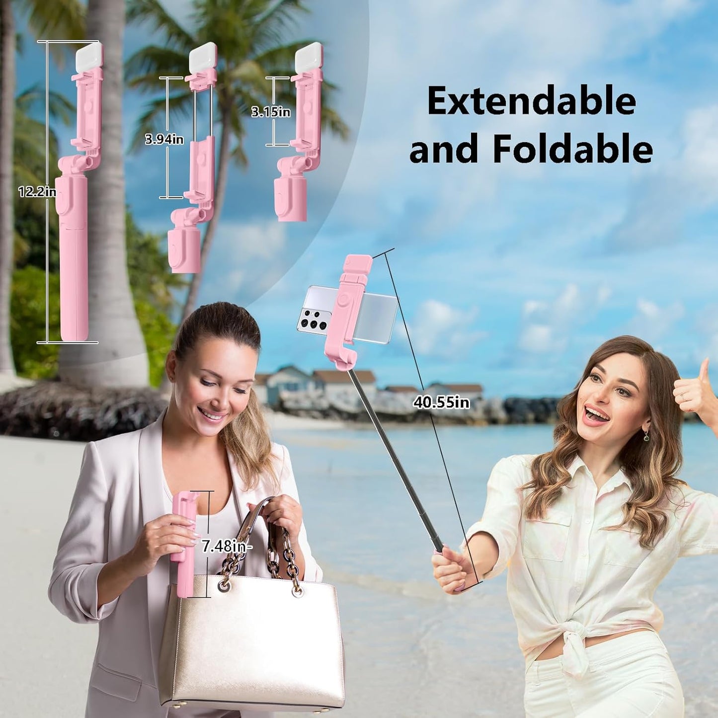 Bollove 40in Selfie Stick Tripod, Retractable Phone Tripod with Wireless Remote Control & Light, Portable Selfie Stick