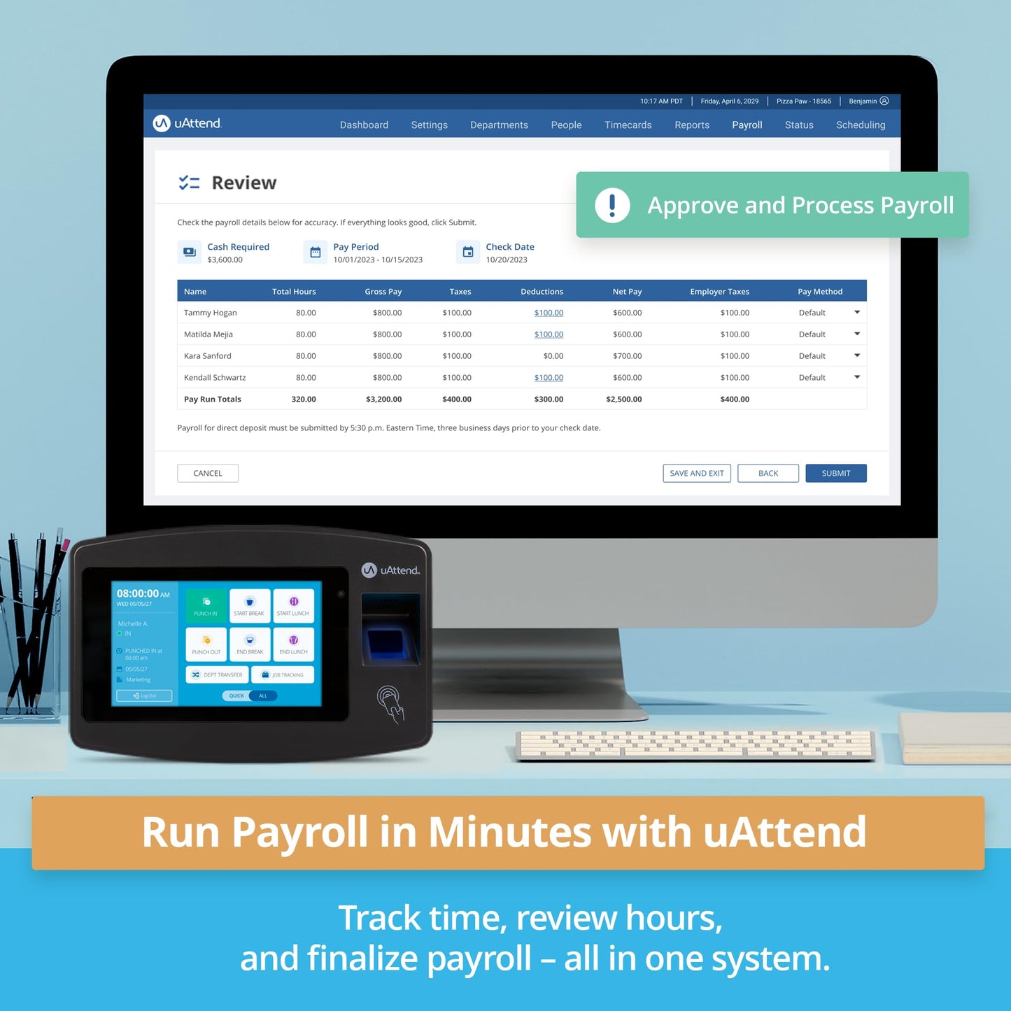 uAttend JP2000 Payroll Time Clock – Cloud Payroll Engine with Biometric & RFID, Time & Attendance System, Faster Payroll - $100 Payroll Fees Credit