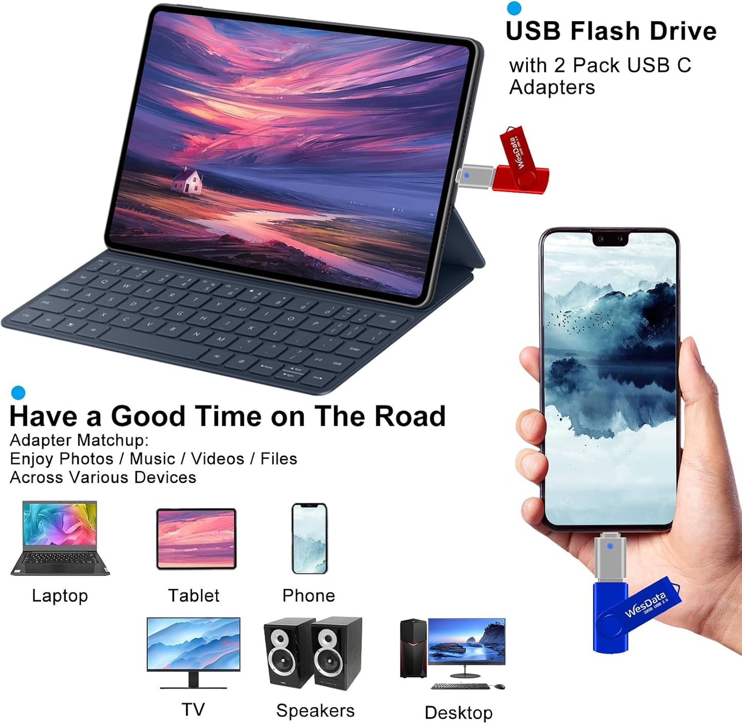 WesData 5 Pack 8GB 2 Pack PC(5 USB Flash Drive and USB C Adapters in a Case, Thumb Drives Memory Stick Storage