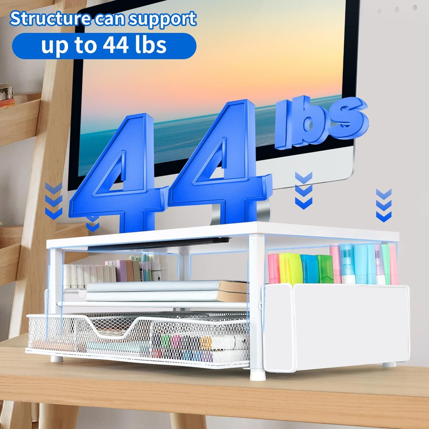 2-Tier AUPSEN White Monitor Stand Riser, Wood Computer Desk Organizer with Drawer, Pen Storage & Phone Holder, Office
