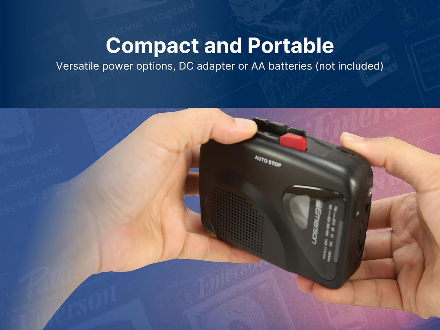 Emerson EPC-1000 Cassette 3.5mm Cassette Portable Player & Recorder with AM/FM Radio, Built-in Speaker, Headphone Jack