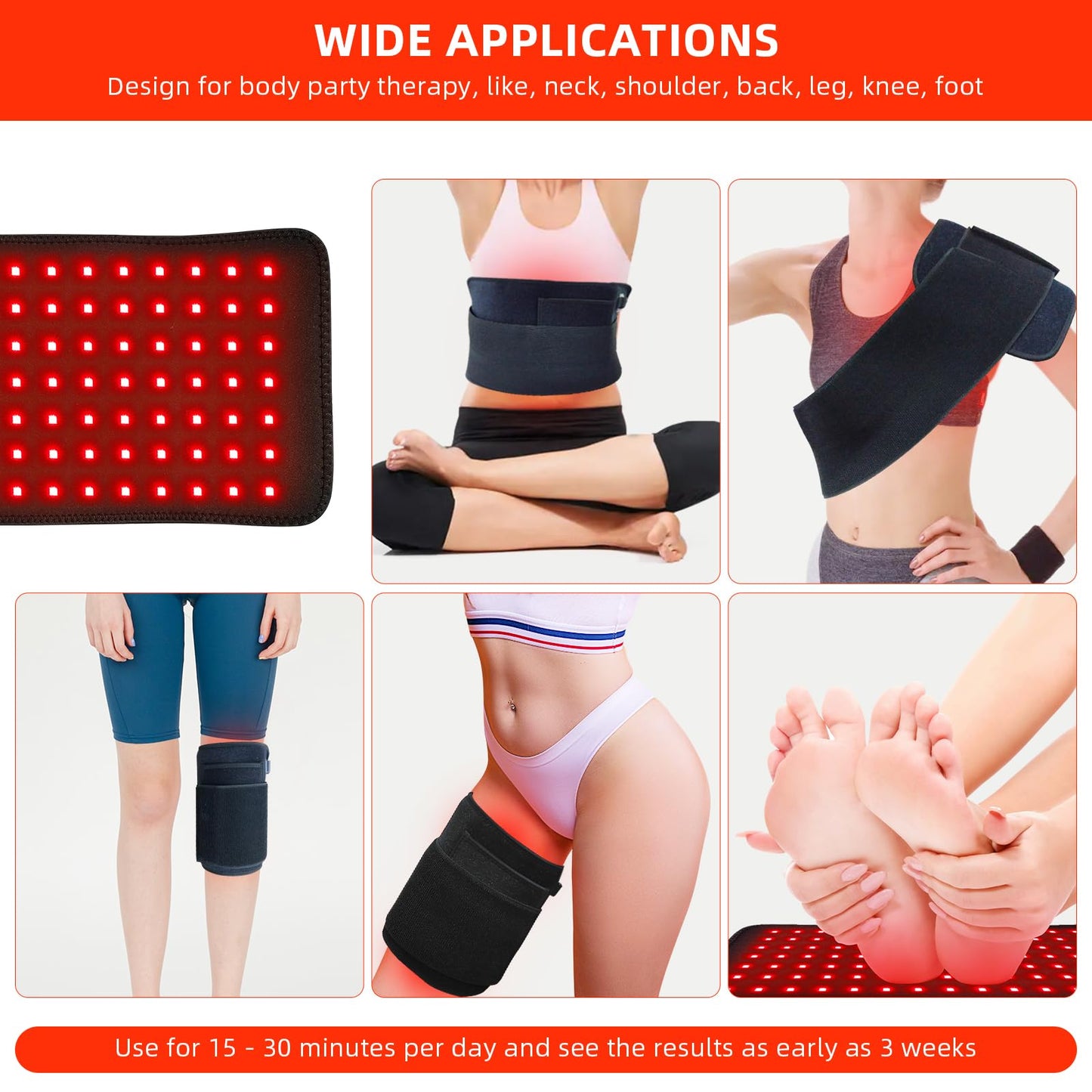 Red Light Therapy Pad for Body Back Knee Shoulder Hands Feet Portable 660nm 850nm Home Use 3 Chips in 1 Infrared Light Heating Wrap Belt Gift for Women Men (Corded)