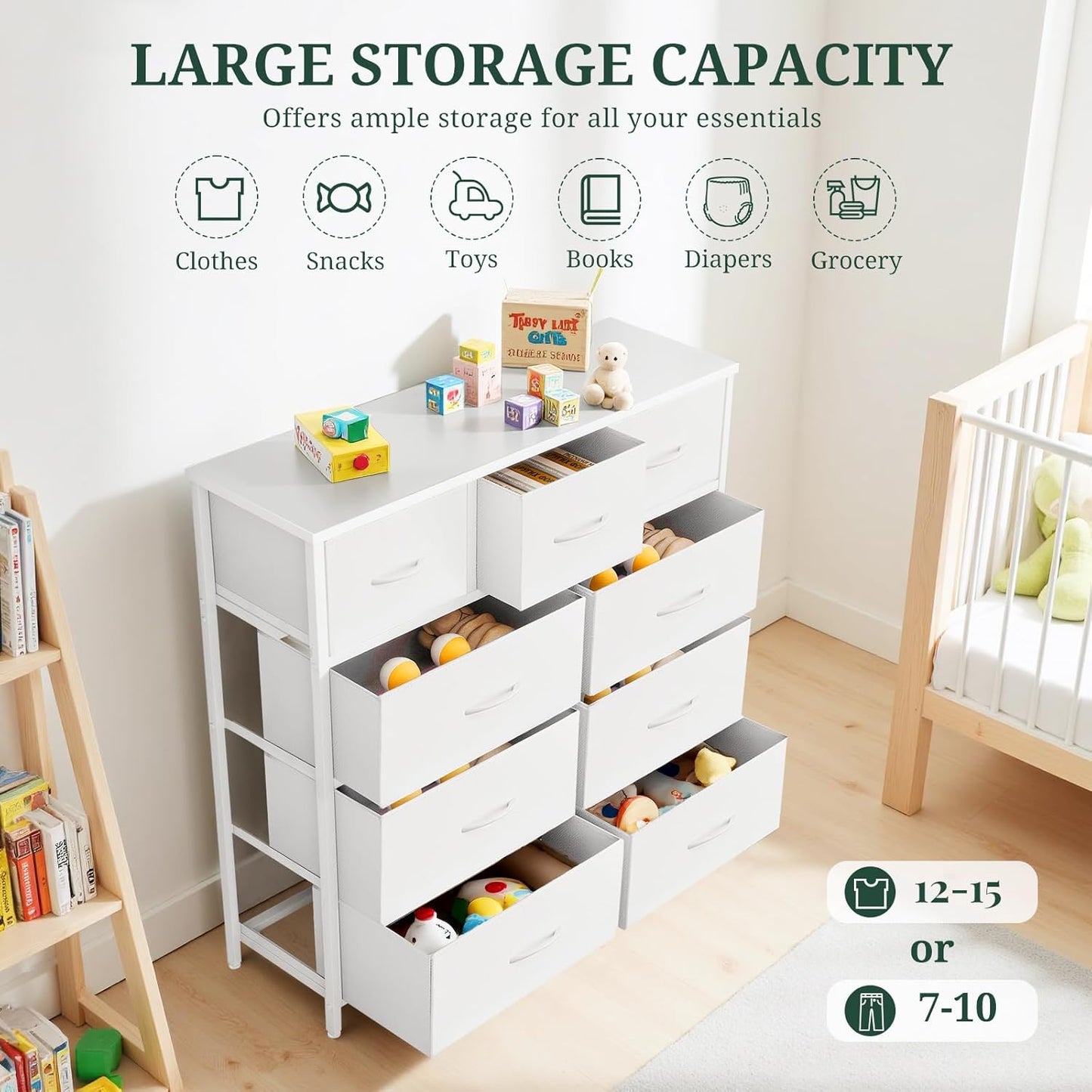 Regine Switzerland 9-Drawer Dresser - Anti-Tip Tall Storage Organizer with Wooden Top & Metal Frame | White