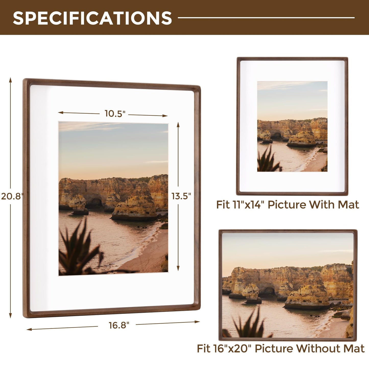 Dreamland 16x20 Picture Frame, USA-Sourced Walnut Wood Photo Frames with HD Tempered Glass, 16 x 20 Wooden Frame Matted to 11 x 14, 16x20 Frames Handcrafted Rounded Corner for Tabletop or Wall Display